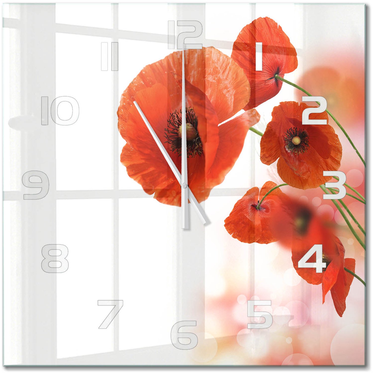 TULUP Wandklok - Klaprozen Gekleurde Glazen Klok - 60x60 cm - Rood Glazen Klok Met Print - Witte handen - Vierkante Klok - Moderne Wandklok Glas - Wandklok Glas Decoratie