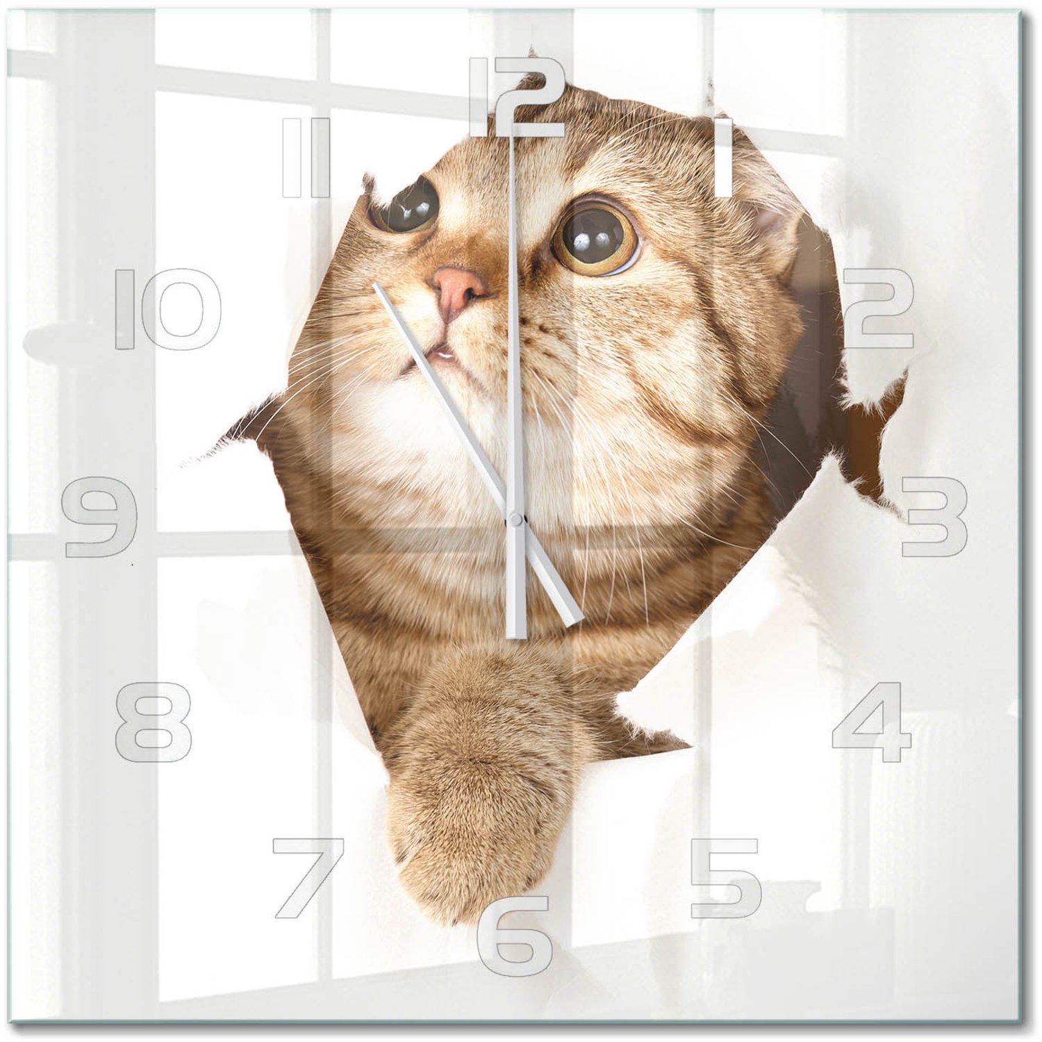 TULUP Wandklok - Kat Decoratieve Glazen Klok - 60x60 cm - Beige Glazen Wandklok Design - Witte handen - Vierkante Klok - Glazen Klok Met Print - Wandklok Glas Met Motief