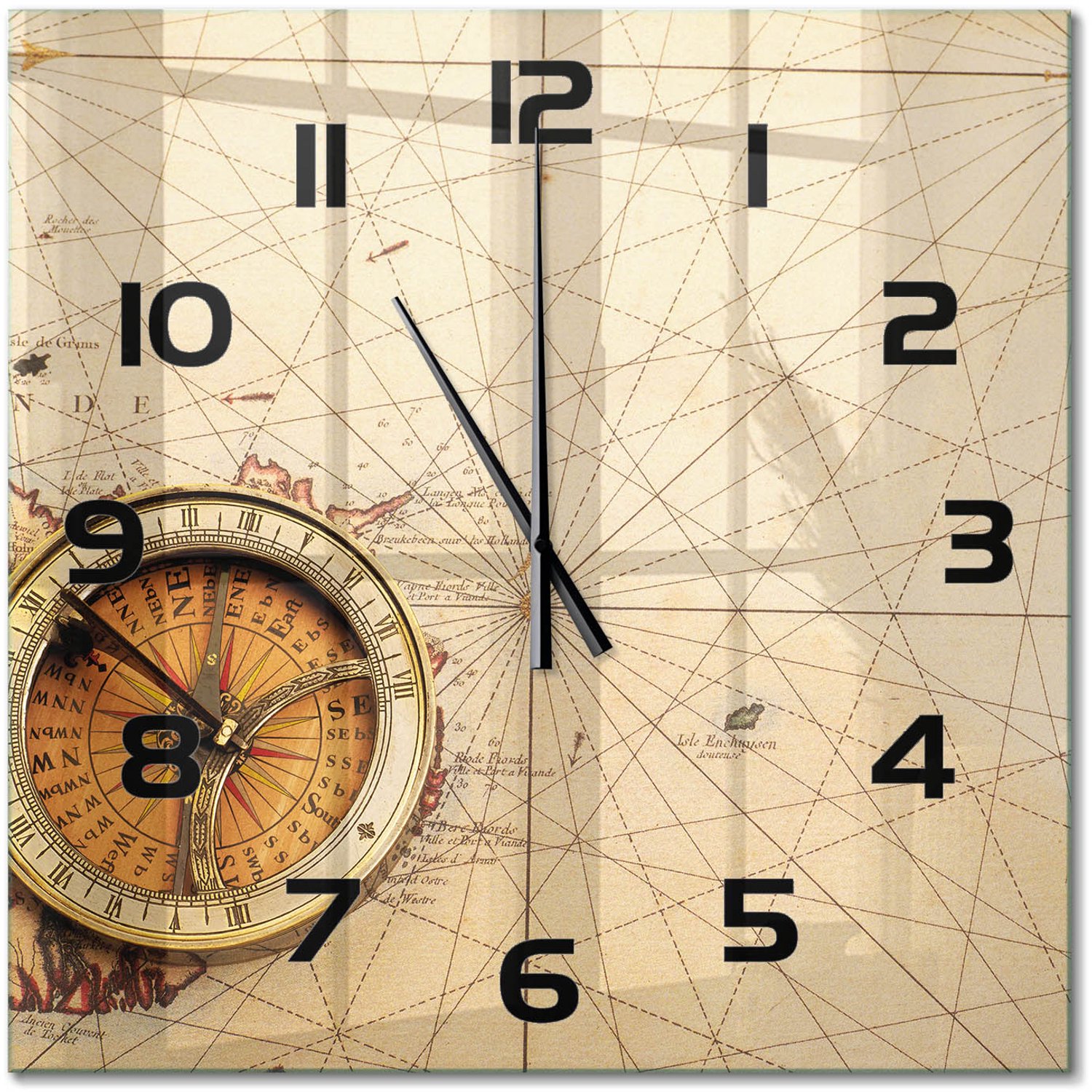 TULUP Wandklok - Kompas op de kaart Glazen Wandklok Design - 60x60 cm - Beige Klok Glas Met Opdruk - Zwarte handen - Vierkante Klok - Wandklok Glas Met Motief - Decoratieve Glazen Klok