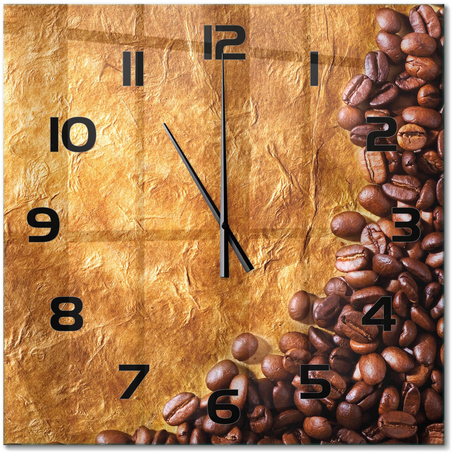 TULUP Wandklok - Koffiebonen Wandklok Glas Met Motief - 60x60 cm - Bruin Decoratieve Glazen Klok - Zwarte handen - Vierkante Klok - Gekleurde Glazen Klok - Glazen Klok Met Print