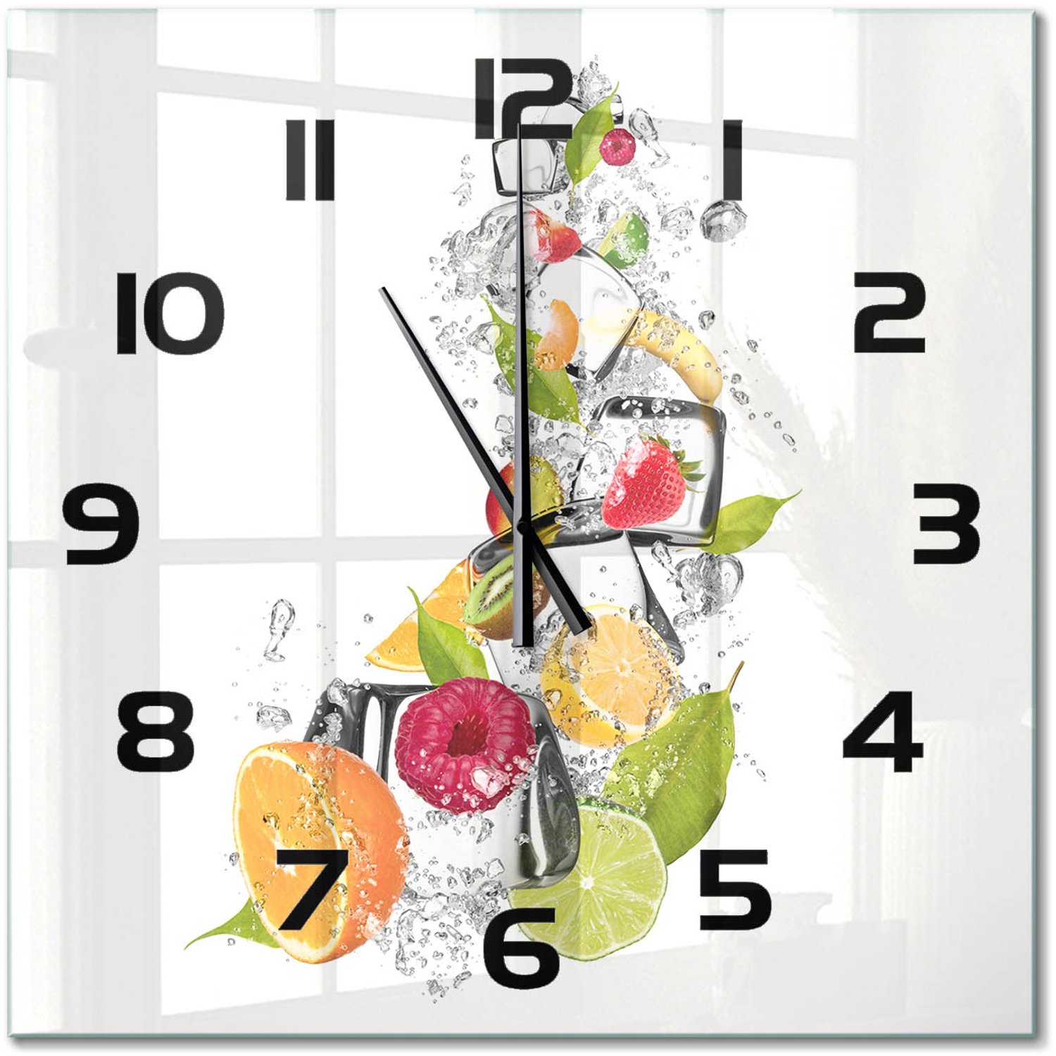 TULUP Wandklok - Fruit met ijs Klok Glas Met Opdruk - 60x60 cm - Veelkleurig Moderne Wandklok Glas - Zwarte handen - Vierkante Klok - Decoratieve Glazen Klok - Glazen Wandklok Design