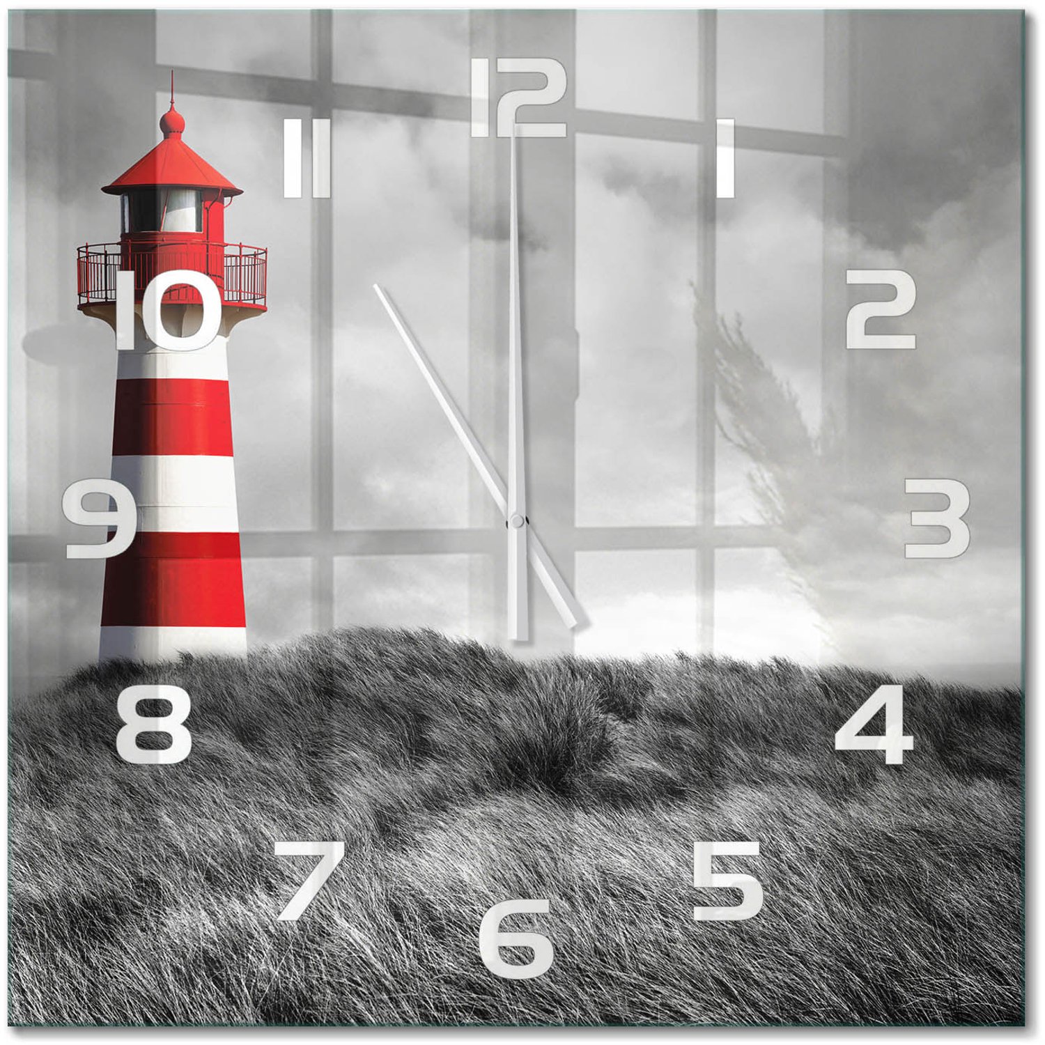 TULUP Wandklok - Vuurtoren Klok Glas Met Opdruk - 60x60 cm - Rood Moderne Wandklok Glas - Witte handen - Vierkante Klok - Decoratieve Glazen Klok - Glazen Wandklok Design