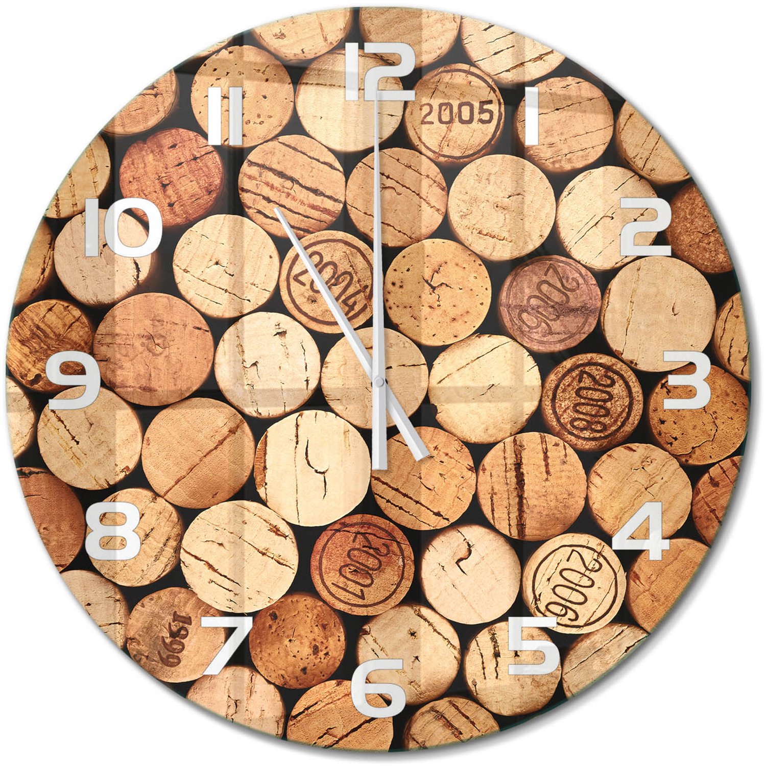 TULUP Wandklok - Wijnkurken Wandklok Glas Met Motief - fi60 cm - Beige Decoratieve Glazen Klok - Witte handen - Ronde Klok - Gekleurde Glazen Klok - Glazen Klok Met Print