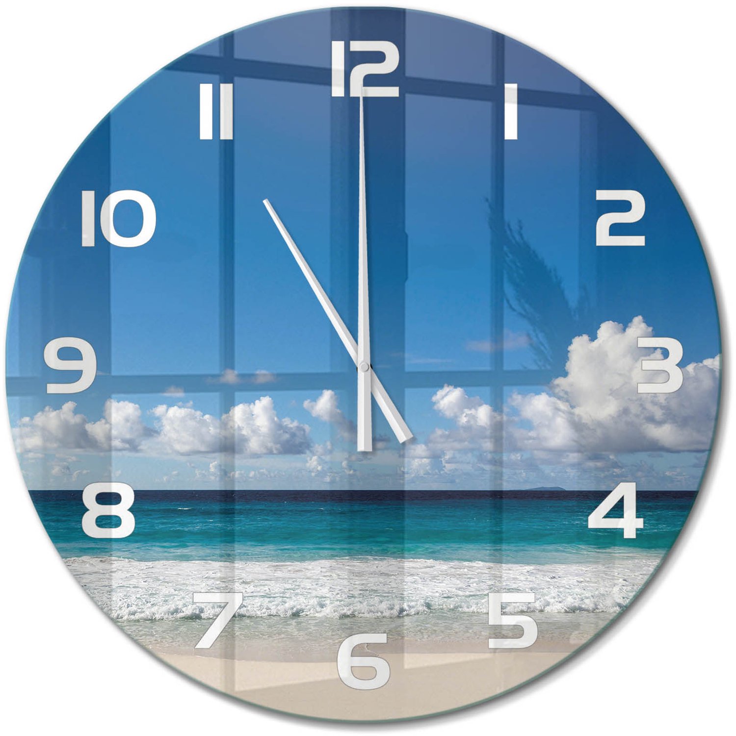TULUP Wandklok - strand op de Seychellen Gekleurde Glazen Klok - fi60 cm - Blauw Glazen Klok Met Print - Witte handen - Ronde Klok - Moderne Wandklok Glas - Wandklok Glas Decoratie