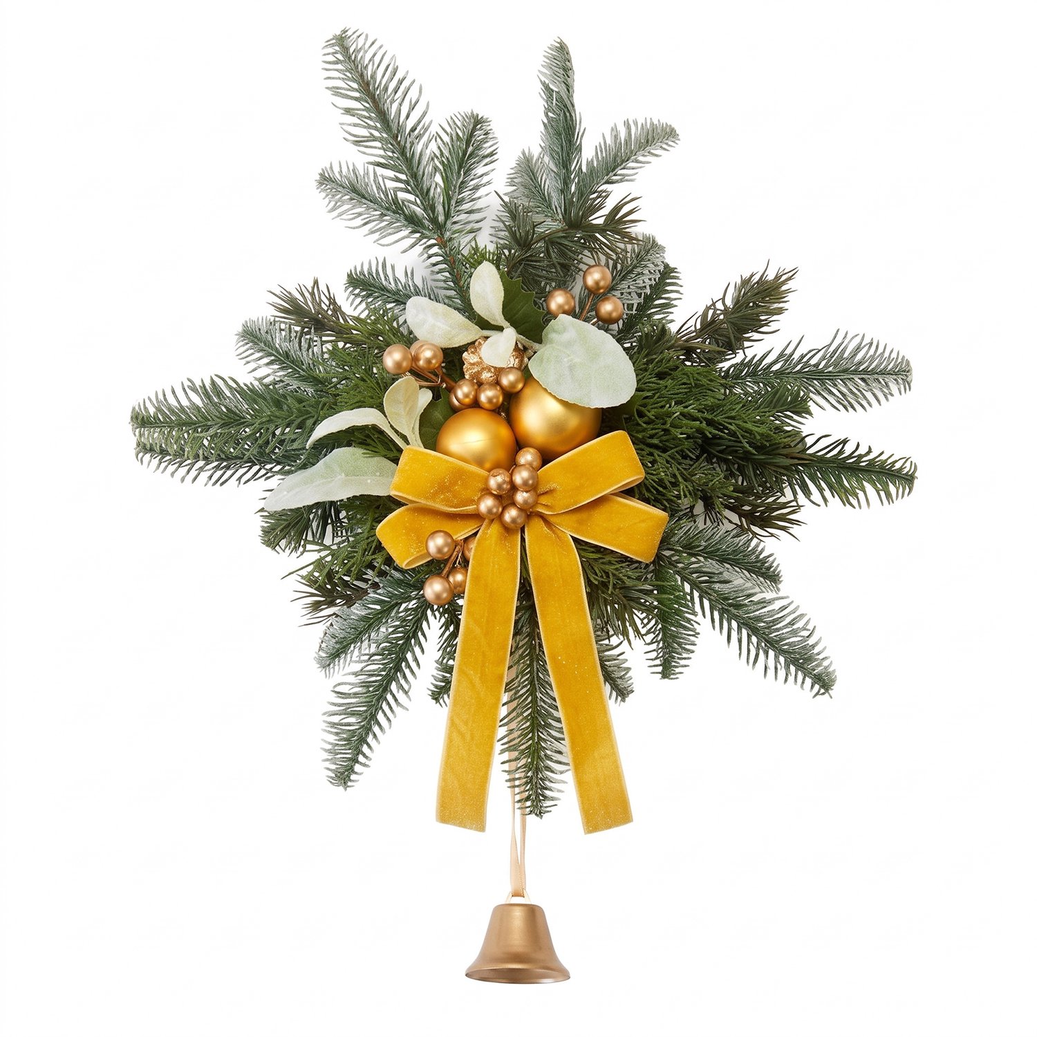 Luxe Kerstdecoratie Wandhanger met Bel & Fluwelen Strik - Voorgedecoreerd Kerststuk met Gouden Kerstballen & Dennenappels - Premium PE Materiaal (Real-Feel) - Voor Binnen & Buiten (Voordeur / Open Haard) - 40x55 cm - Sfeervolle Kerstkrans