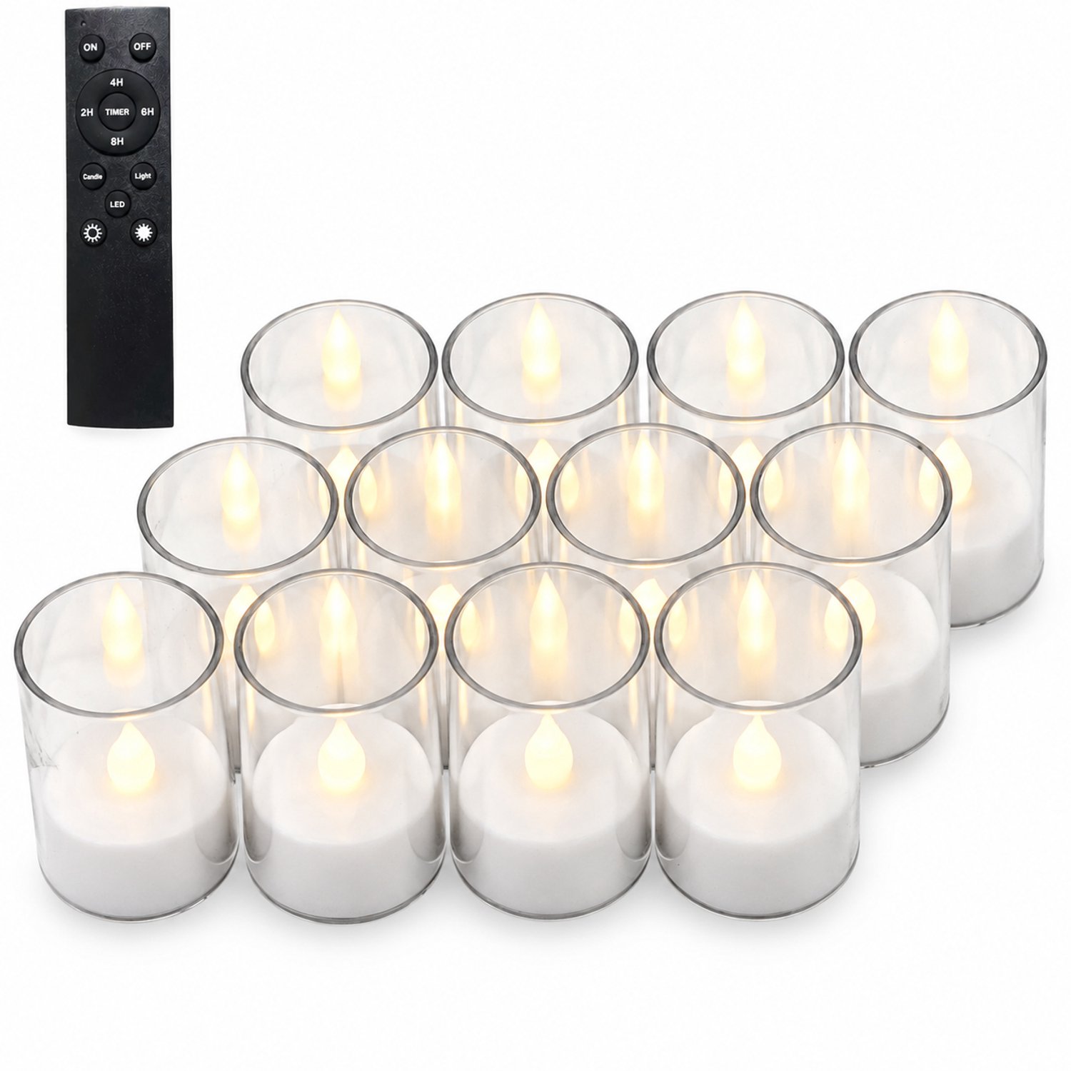 SWGOTA led kaarsen, 12 stuks per doos, theelichtjes in transparante cups met vlamvormige leds en grote afstandsbediening, voor bruiloftsdecoratie