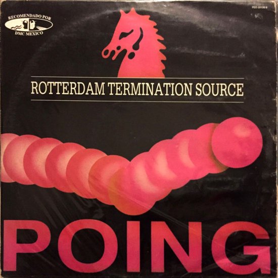 Vinylhoes met roze paard, tekst "Rotterdam Termination Source" en "Poing", met roze cirkelpatroon op zwarte achtergrond.