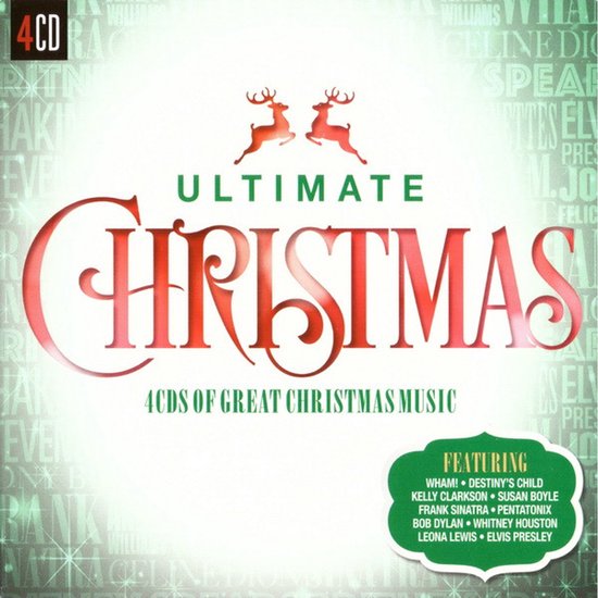 Ultimate Christmas 4-cd-box met kerstmuziek, versierd met rode rendieren en een groene lijst met artiestennamen.