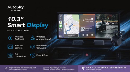 AutoSky 10.3 inch smart display met CarPlay, Android Auto, achteruitrijcamera en FM-zender.