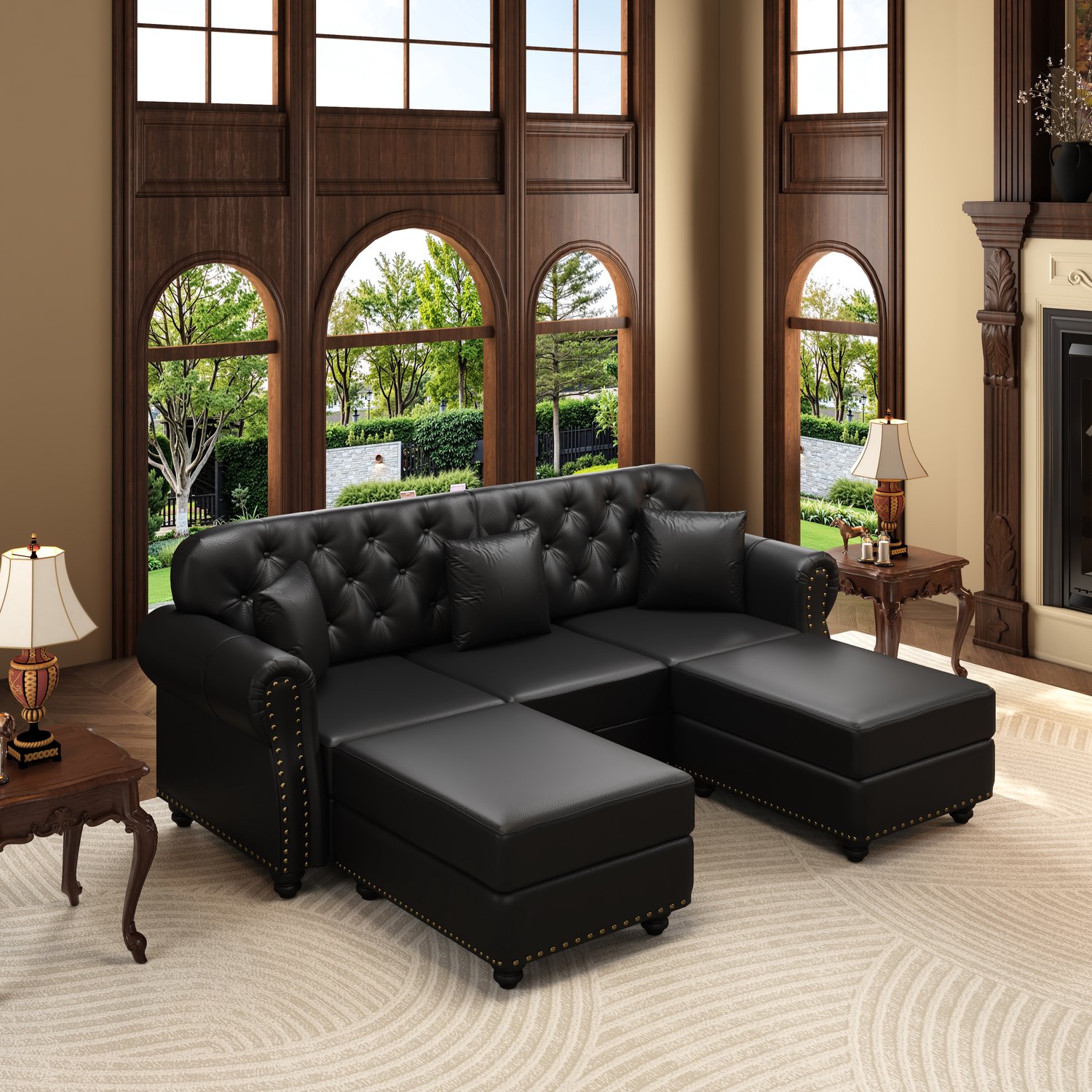 REDOM Chesterfield-bank 210 cm - 3-zits met 2 hockers - Zwart