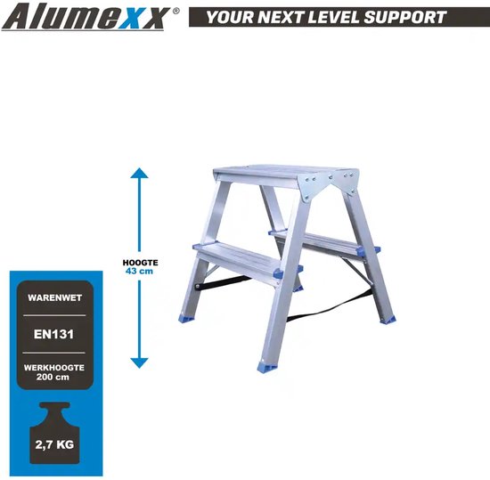 Alumexx aluminium huishoudtrap met 2 treden, hoogte 43 cm, werkhoogte 200 cm, gewicht 2,7 kg, EN131 normering.