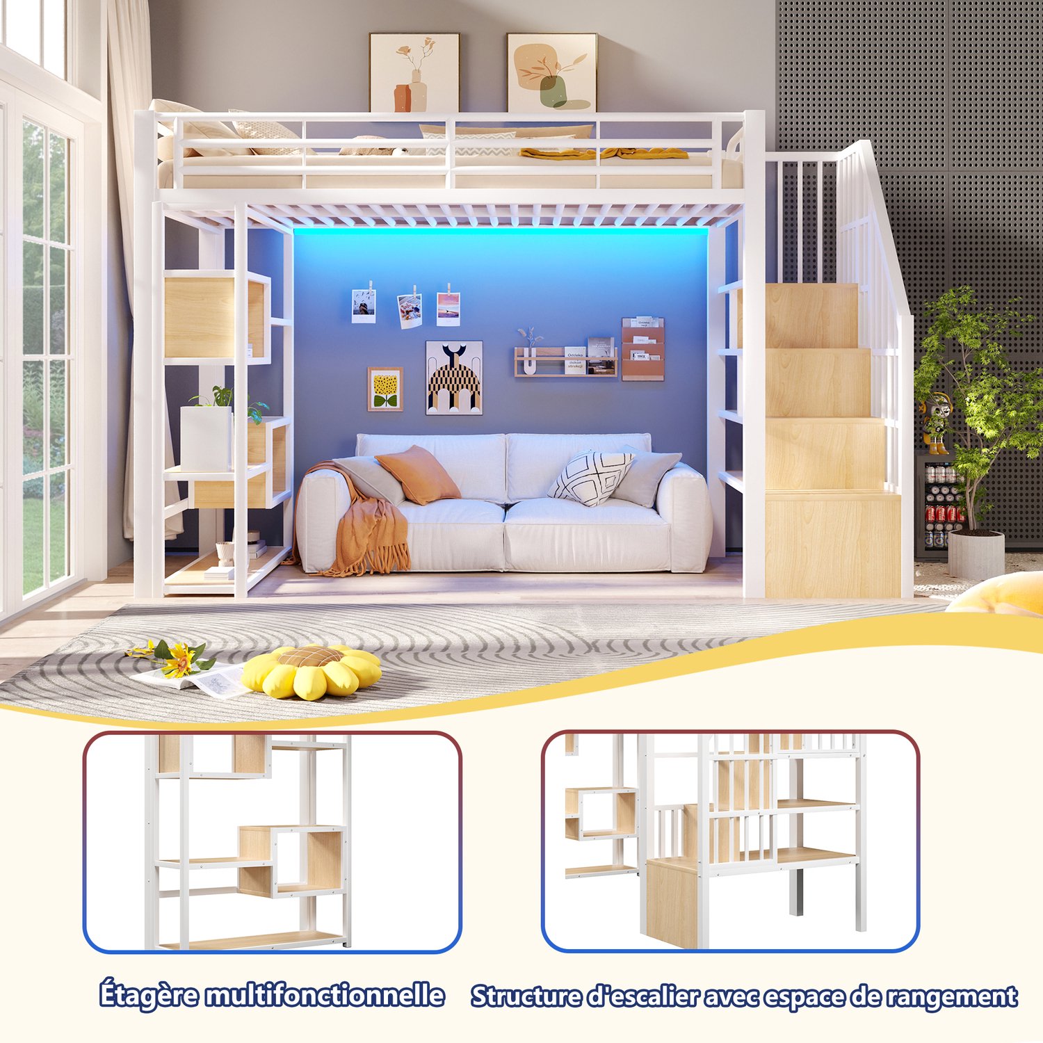 MIVRAY Hoogslaper 90 x 200 cm - Met LED-Verlichting, Trap, Uitvalbeveiliging en Opbergruimte - Zonder Matras - Metaal en MDF - Wit