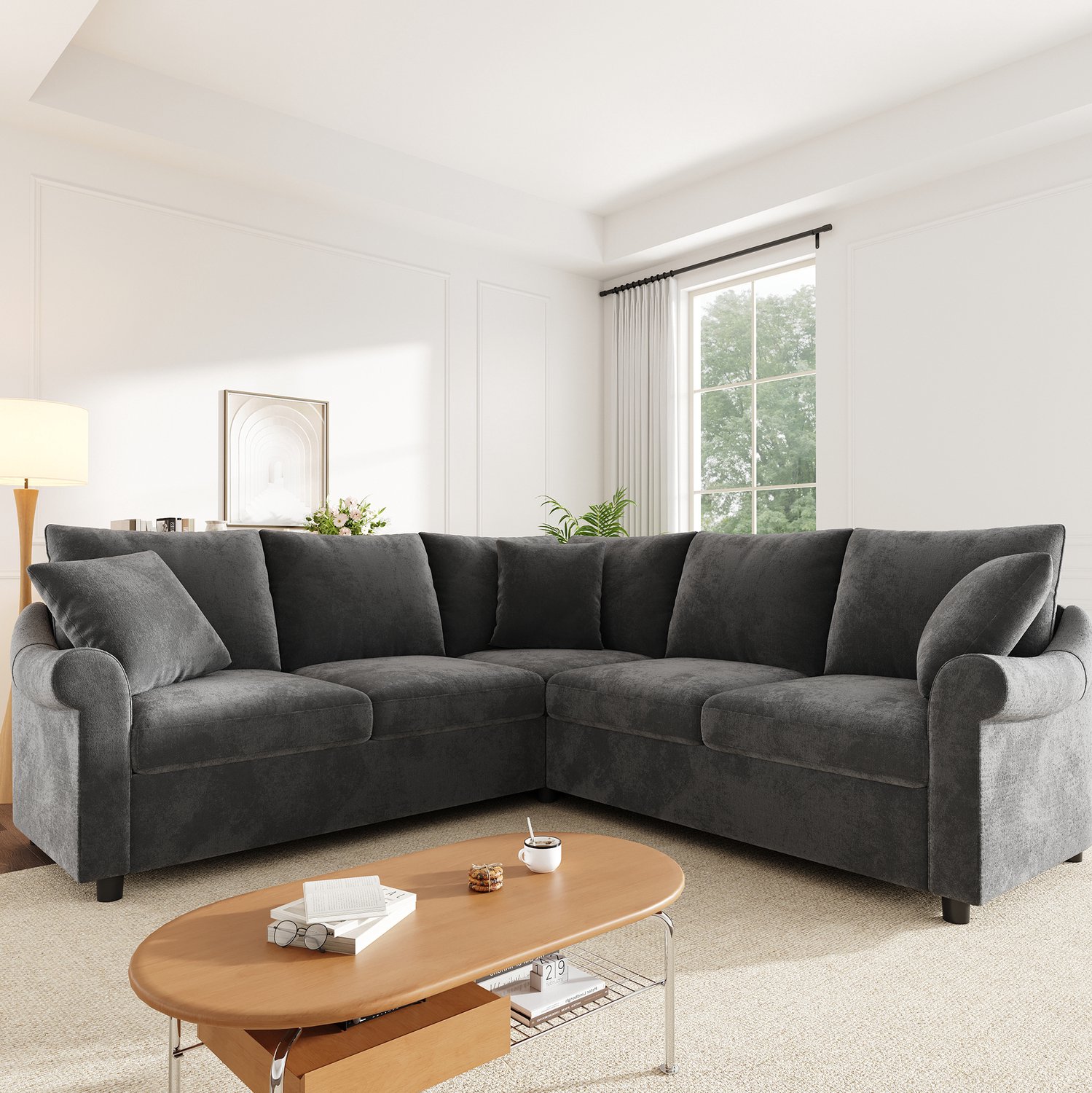 MIVRAY Hoekbank 217 x 217 x 83 cm - L Vorm Met Ronde Armleuningen - Zachte Zitting Met Pocketveren - Voor Woonkamer - Chenille Grijs