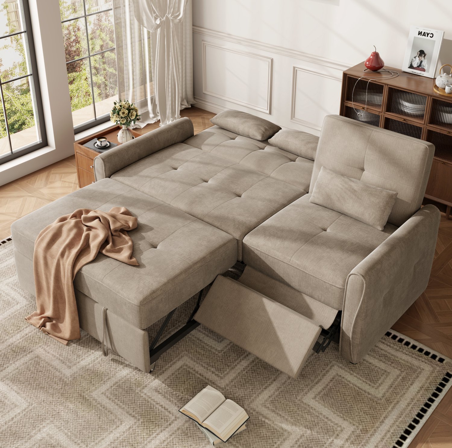 MIVRAY Slaapbank 176 bij 148 cm - Uittrekbare Drie-in-een Bank Met Verstelbare Rugleuning - Voor Woonkamer En Gasten - Chenille Bruin Beige