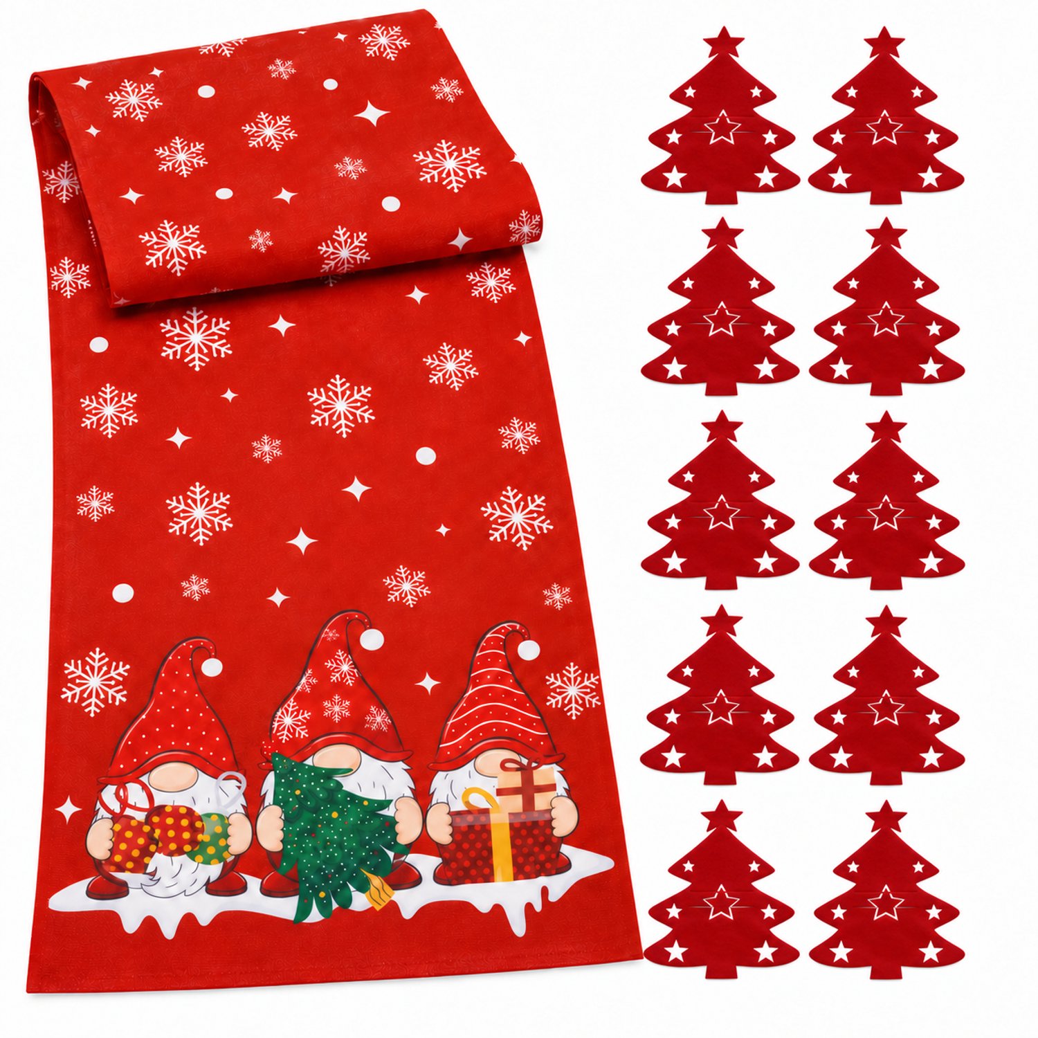Huntex Kerst Tafelloper 220 x 40 cm met 10 Bestekhouders – Rood – Kerstkabouters en Sneeuwvlokken