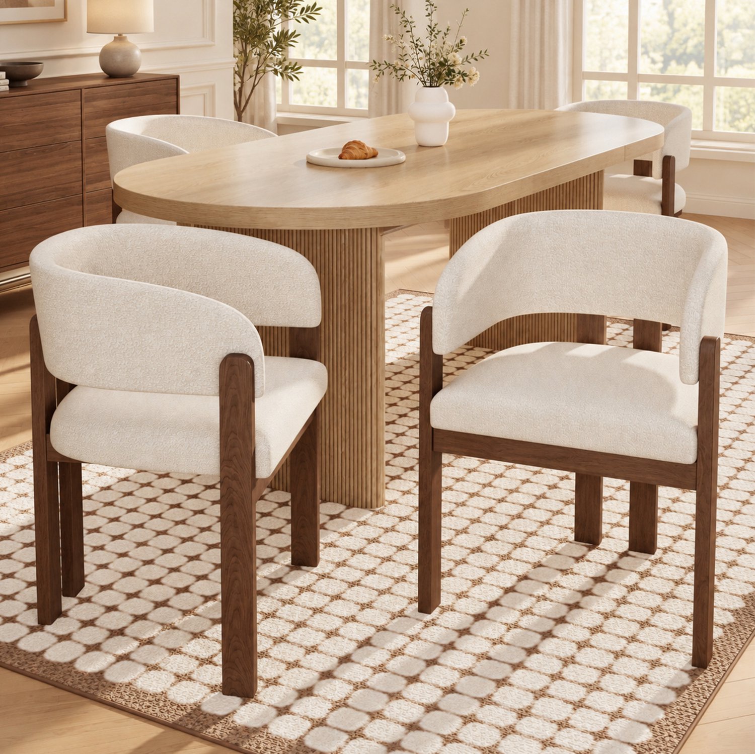 MIVRAY Eetkamerstoelen Set van 2- Armleuningen Bouclé Bekleding - Hout - Beige Walnootkleur