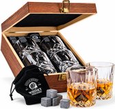 WOMA Luxe Whiskey Set Incl. 4 Tumbler Glazen, 8 Basalt Whiskey Stenen, Fluwelen Opbergzakje & Luxe Houten Opbergbox - 300 ml whiskey glazen - Geschenkset Mannen - Mannen Cadeau