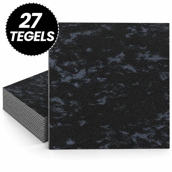 Stapel donkergrijze zelfklevende vloertegels met steenstructuur, inclusief label met '27 tegels'.