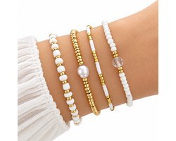 Wit goudkleurig armband set dames 4 delige kralen armband bohemian stijl rijstkralen armband met imitatie parel elastische armbanden set minimalistische sieraden voor dagelijks gebruik