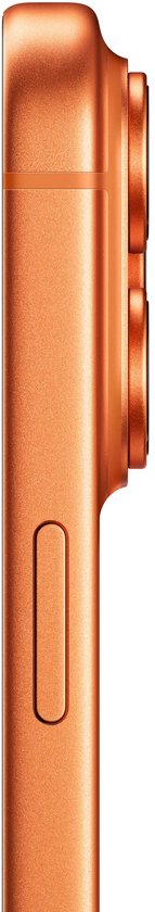 Vue latérale du boîtier métallique orange, montrant le module caméra en relief et le bouton d'alimentation.