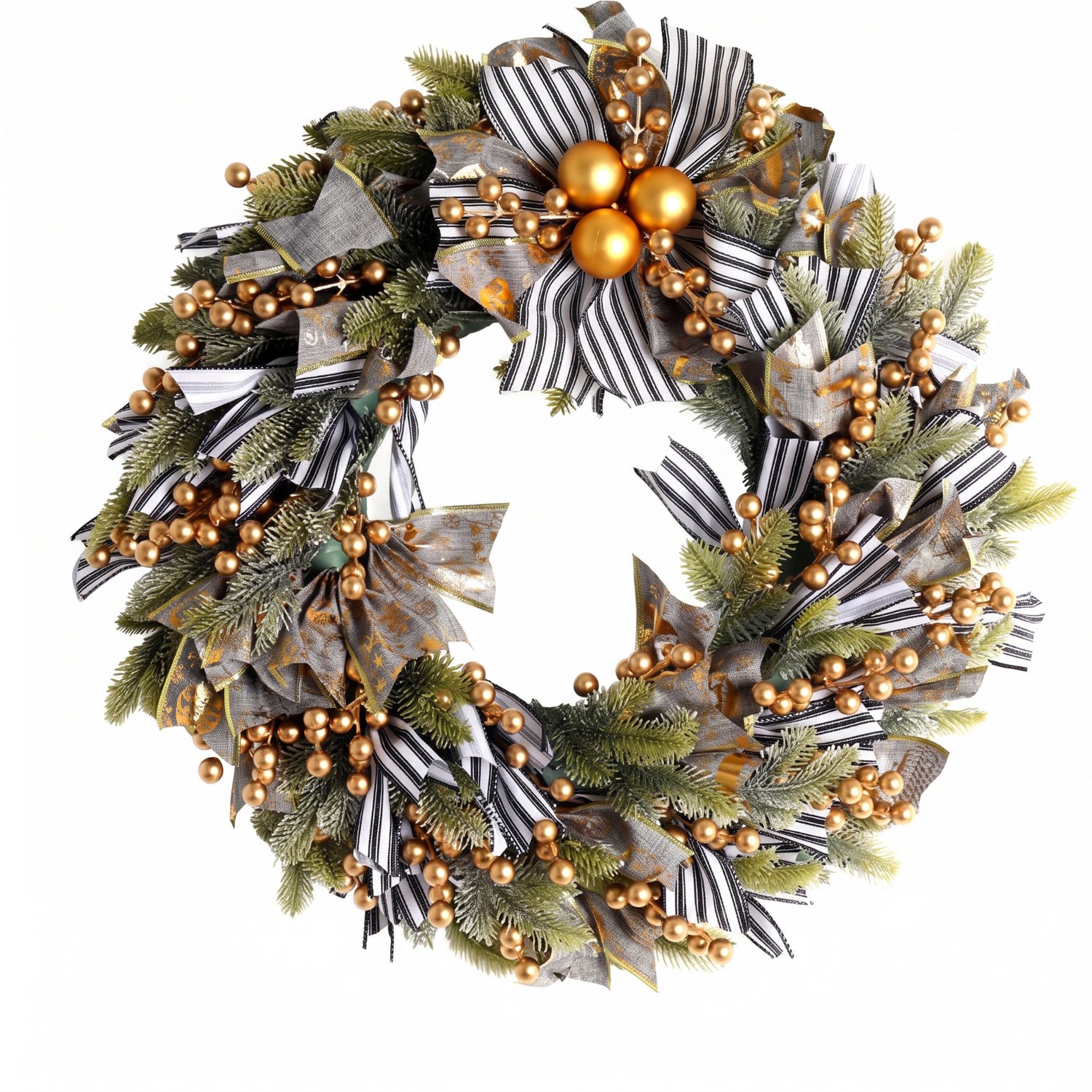 Luxe Kerstkrans met Zwart-Wit Gestreepte Linten & Gouden Ballen - Prachtige Kunstkerstkrans van Premium PE Materiaal - Weelderige Kerstdecoratie voor Binnen & Buiten - Perfecte Deurkrans of Tafelkrans - 50 cm - Zwart/Goud