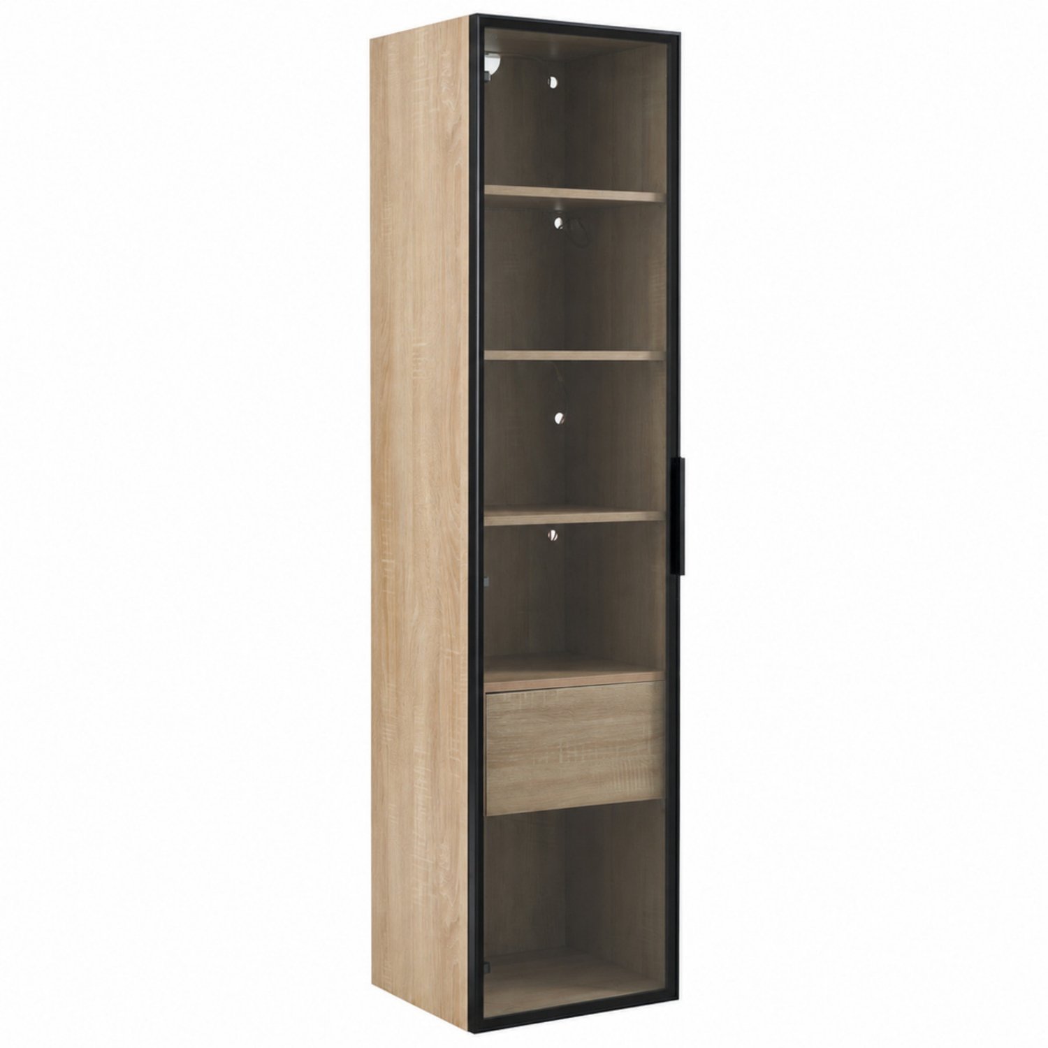LONG DRAGON - Halfhoge badkamerkast - Lichtstrip - 1 grote lade en 1 deur met glas - 40 cm breed