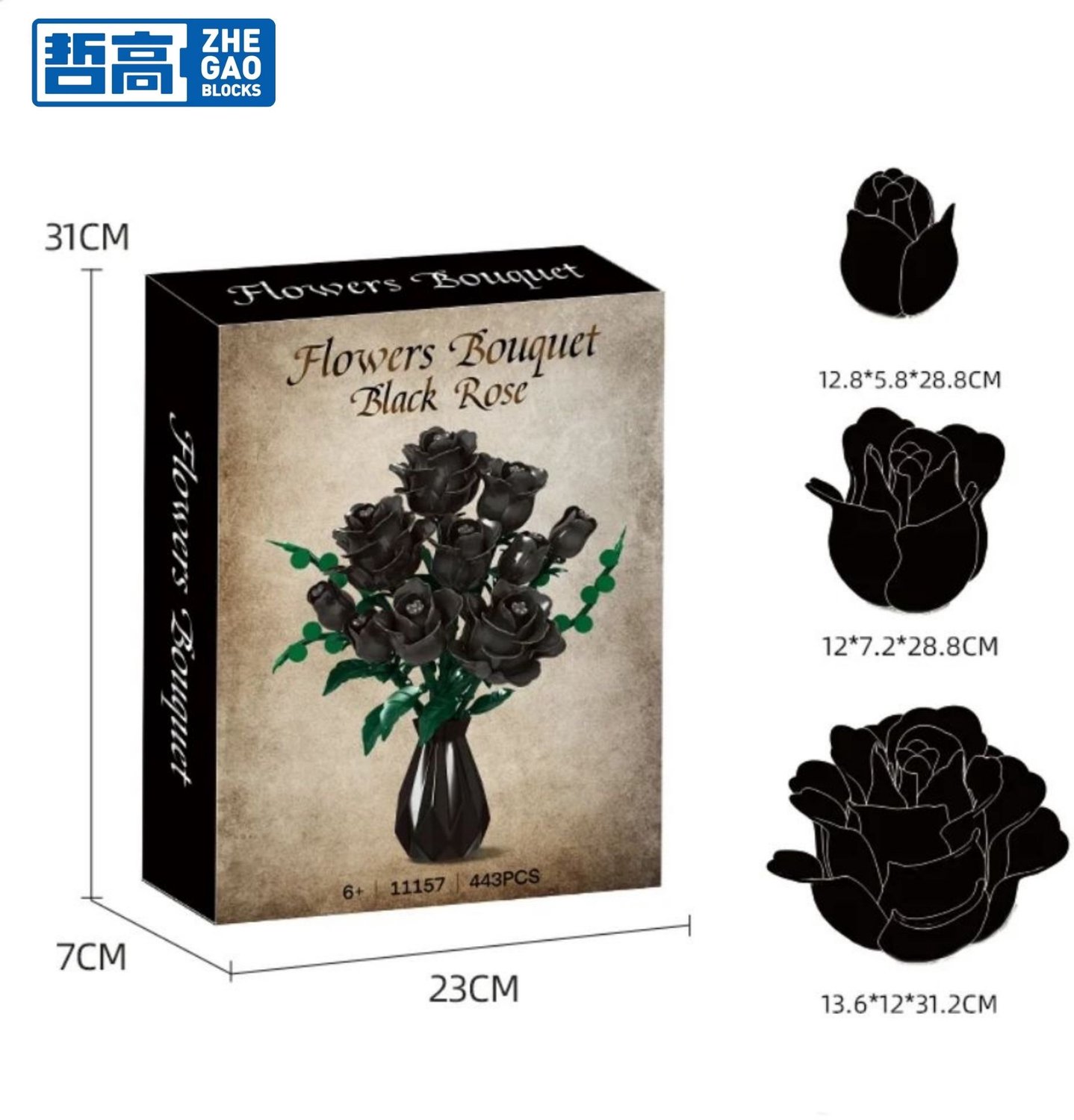 Zhe Gao 11157 Zwarte Rozen Bloemen Boeket bouwset | Botanical Flowers 2026 modelbouw | Classic Creator bonsai speelgoed bouwpakketten voor volwassenen & kinderen | Kunstbloemen niet geschikt voor lego | bouwdoos met 443 bouwstenen — afbeelding 6