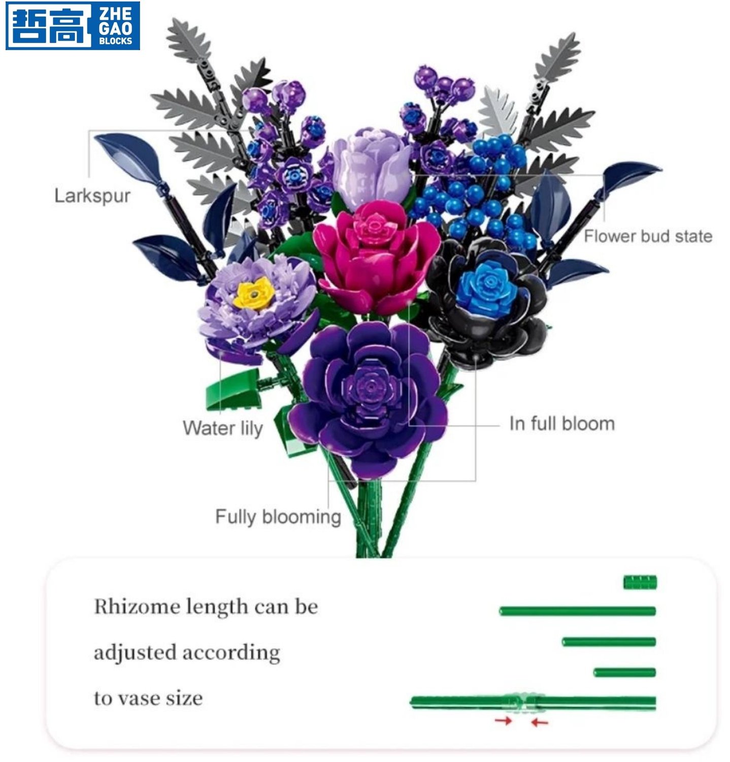 Zhe Gao 11542 Paarse Rozen BIoemen Boeket bouwset | Botanical Flowers Collection 2026 modelbouw | Classic Creator speelgoed bouwpakketten voor volwassenen & kinderen | kunstbloemen niet geschikt voor lego | bouwdoos met 759 bouwstenen — afbeelding 6
