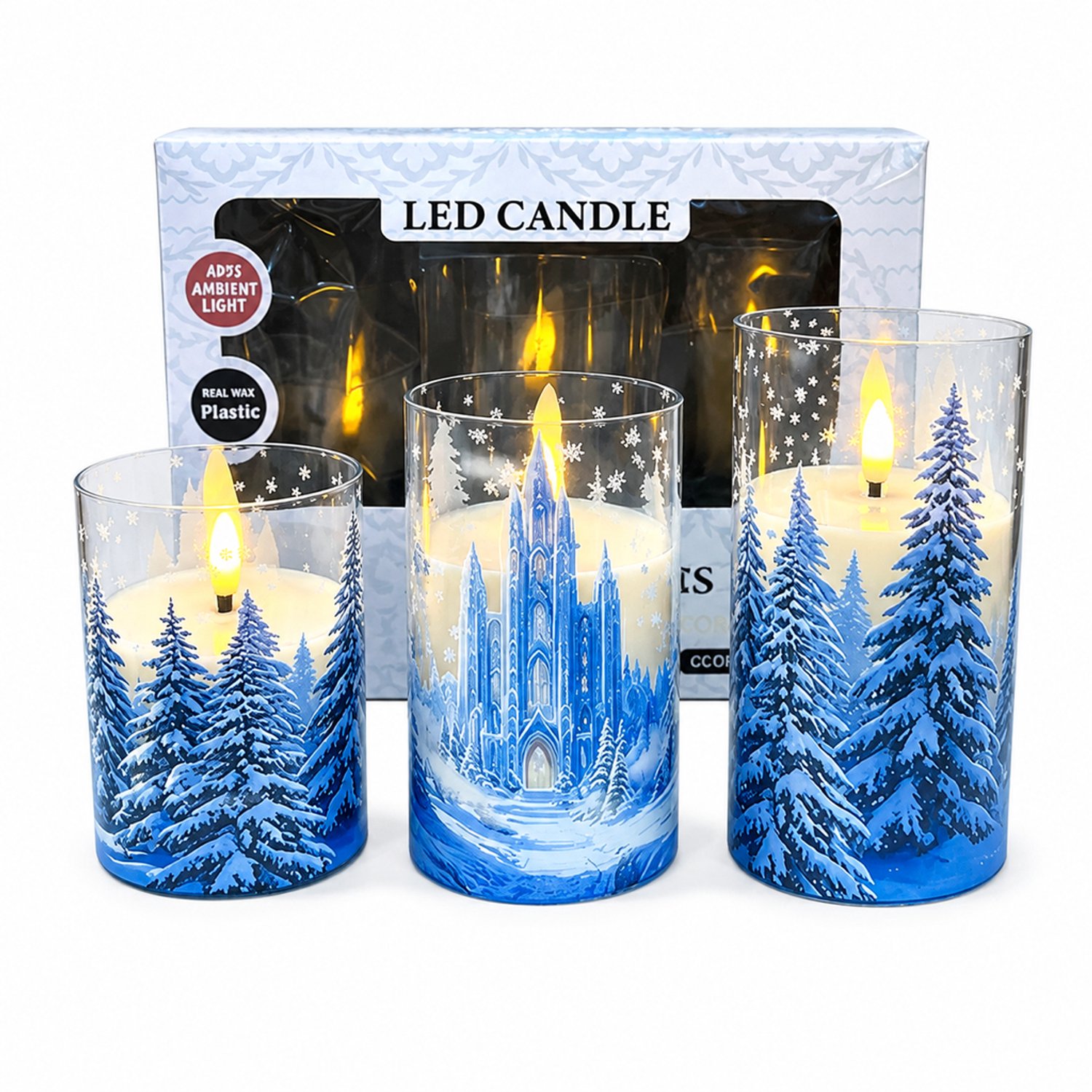 SWGOTA led kaarsen, set van 3 met sneeuwdecor en warm licht, vlamvorm, op batterijen, zonder batterijen, in vensterdoos Bruin