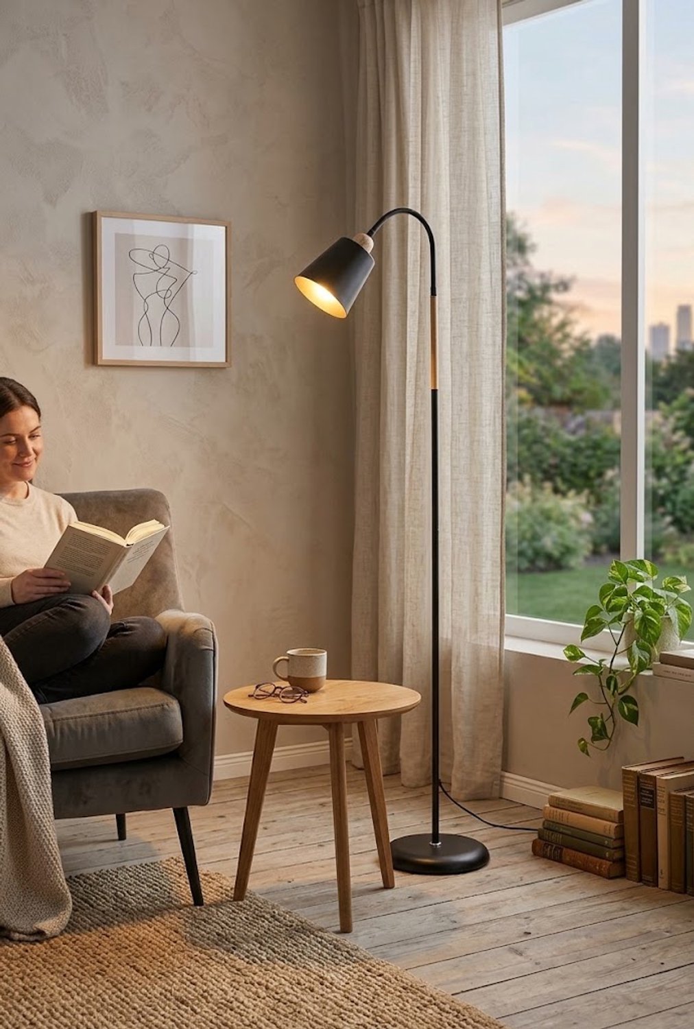 ANTENLICHT Retro Vloerlamp Zwart - Metaal met Hout look - 360° Buigbare Hals - E27 Fitting (Max 60W) - Verstelbare Staande Leeslamp voor Woonkamer & Slaapkamer