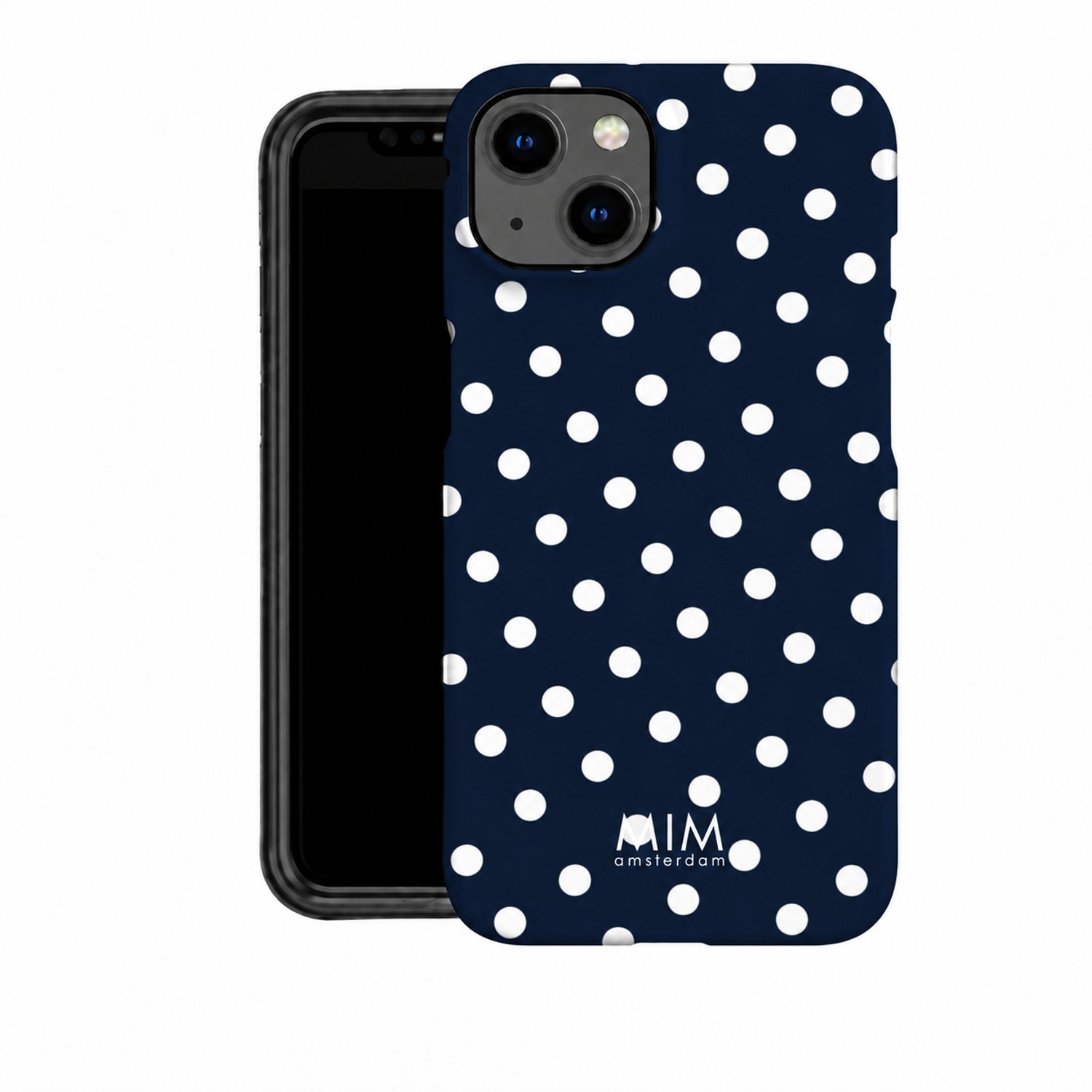 MIM Amsterdam - Night Shifts - Geschikt voor iPhone 15 - Telefoonhoesje - Shockproof Case - Donkerblauw met Witte Stippen – Polka Dot Design - Beschermhoes - Trendy Phone Case