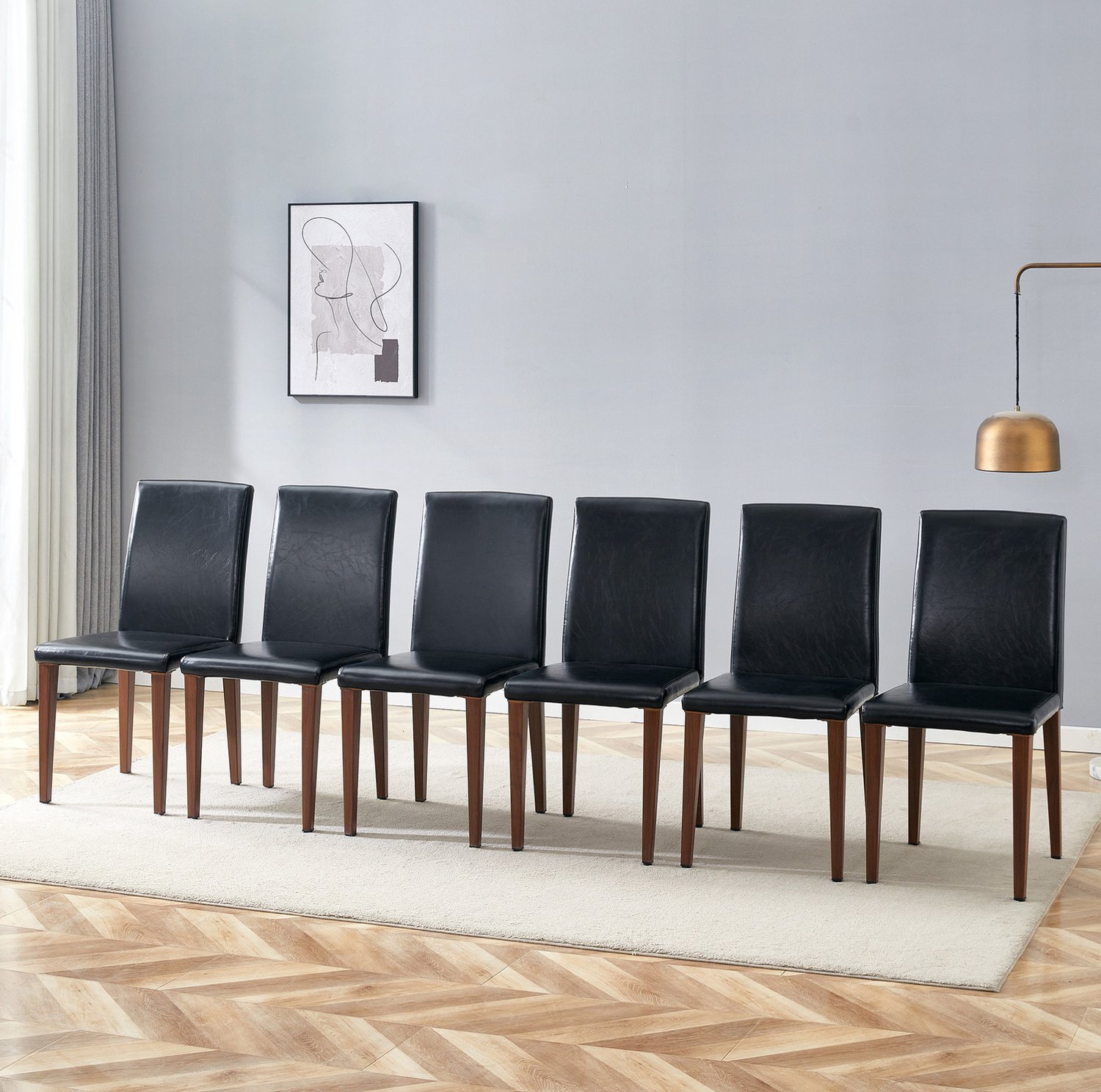 FloraGrace Eetkamerstoel Set Van 6 90 Cm - Ergonomische Rugleuning - Voor Eetkamer En Woonkamer - Kunstleer En Metaal - Zwart Walnootkleurig