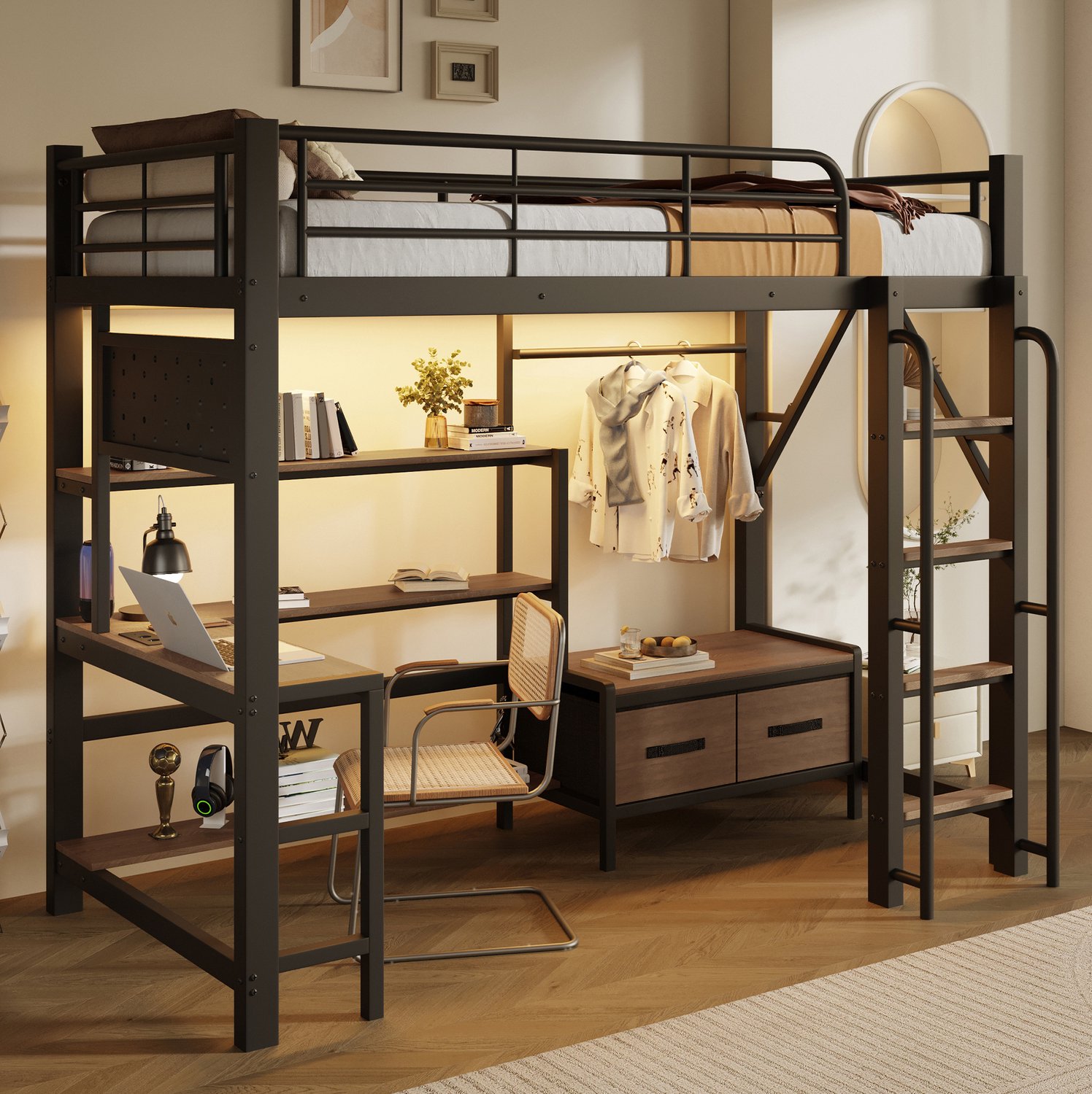 WUVRIE Hoogslaper 90x200 cm - Bureau, opbergruimte, LED en USB - Zwart