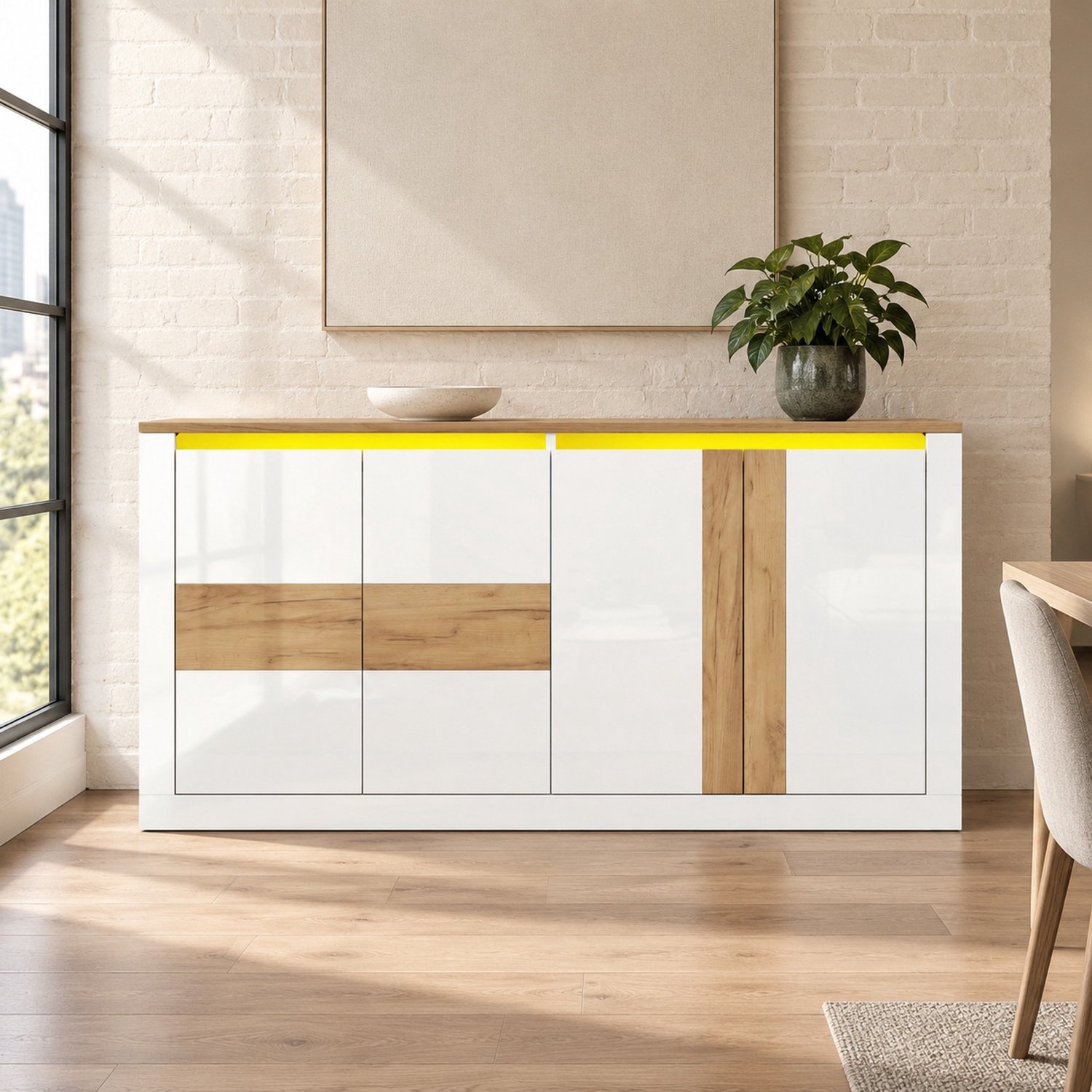 MODFU Dressoir Met RGB-Led En Verstelbare Planken - Wit Eikenlook - 140x35x70 Cm
