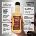 Hand die fles Reuzel Grooming Tonic vasthoudt met gedetailleerde tekst over ingrediënten en geurprofiel.