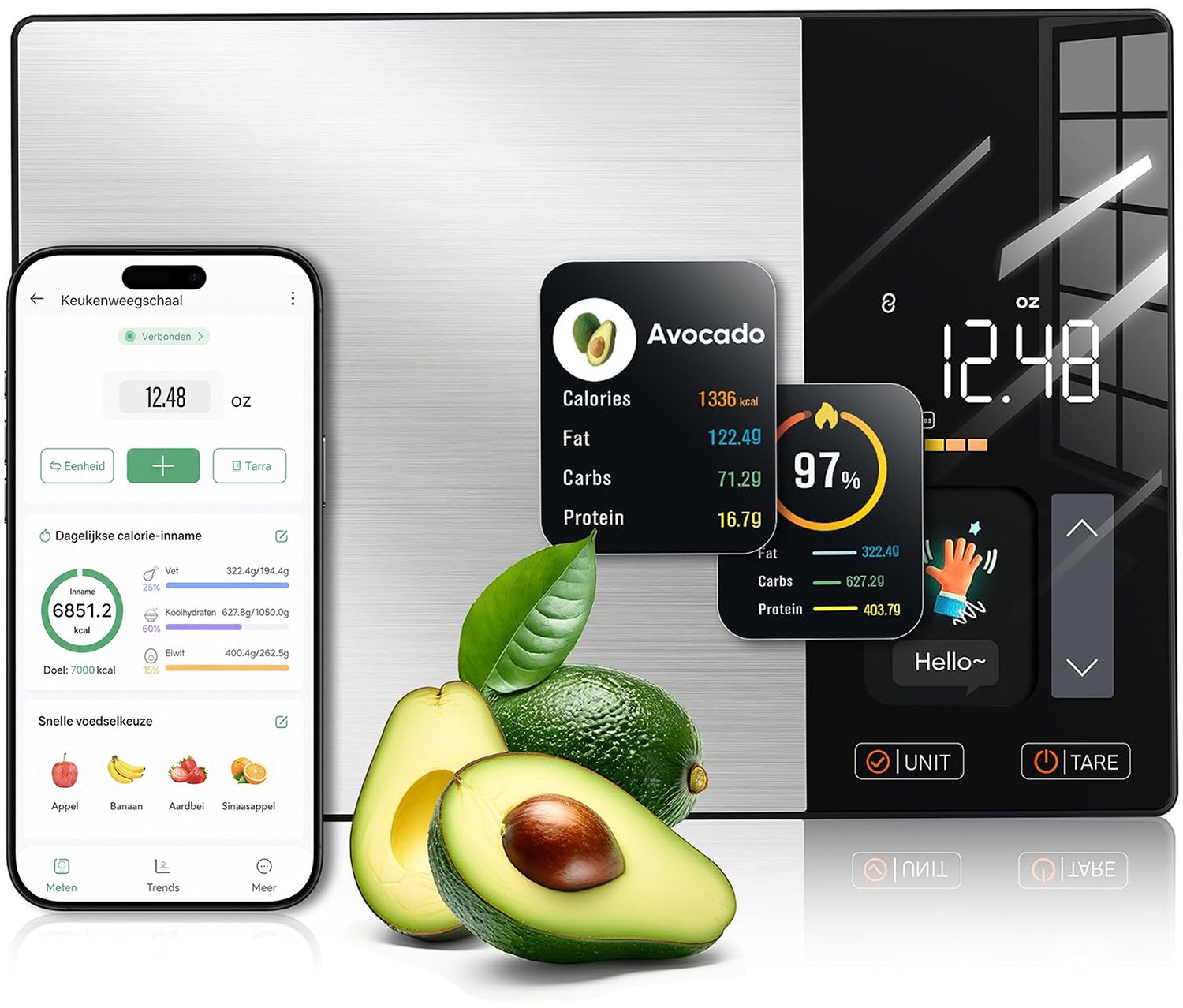 Rayofi — digitale keukenweegschaal — Zeer nauwkeurige keukenweegschaal voor bakken en koken — TFT-kleurendisplay (vooraf ingesteld met gegevens voor meer dan 50 voedingsmiddelen) — Bluetooth-app-connectiviteit — Werkt op batterijen