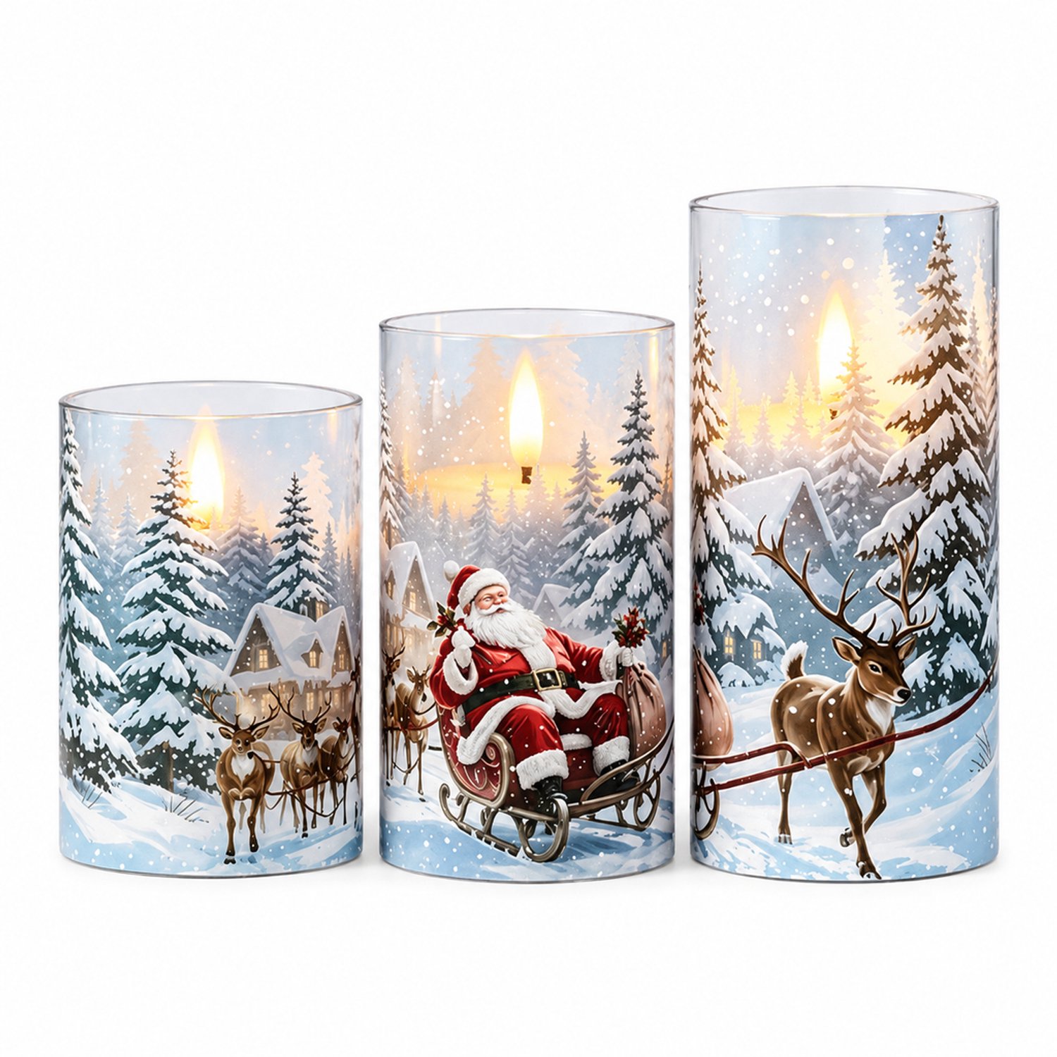 led kaarsen, set van 3 met kerstman en sneeuwlandschap, cilindervorm, warm licht, op batterijen, batterijen niet inbegrepen
