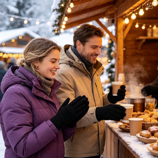 Stel draagt zwarte gebreide handschoenen bij een kerstmarkt, met warme dranken.