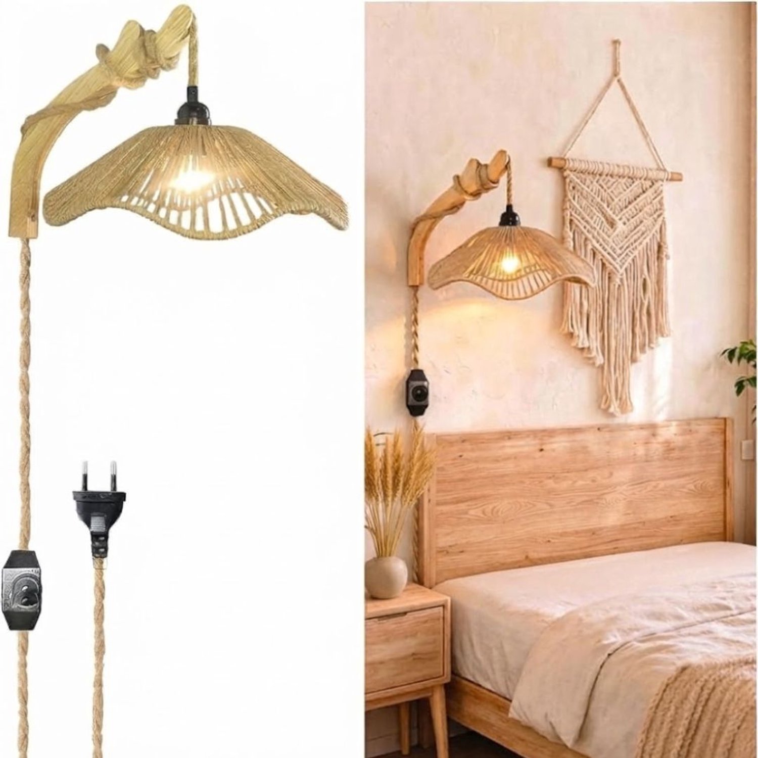 Wandlamp Binnen met Snoer - Wandlamp met Stekker voor Binnen - met Dimbare Schakelaar - Industrieel en Vintage - Slaapkamer Bedlampje - Bruin