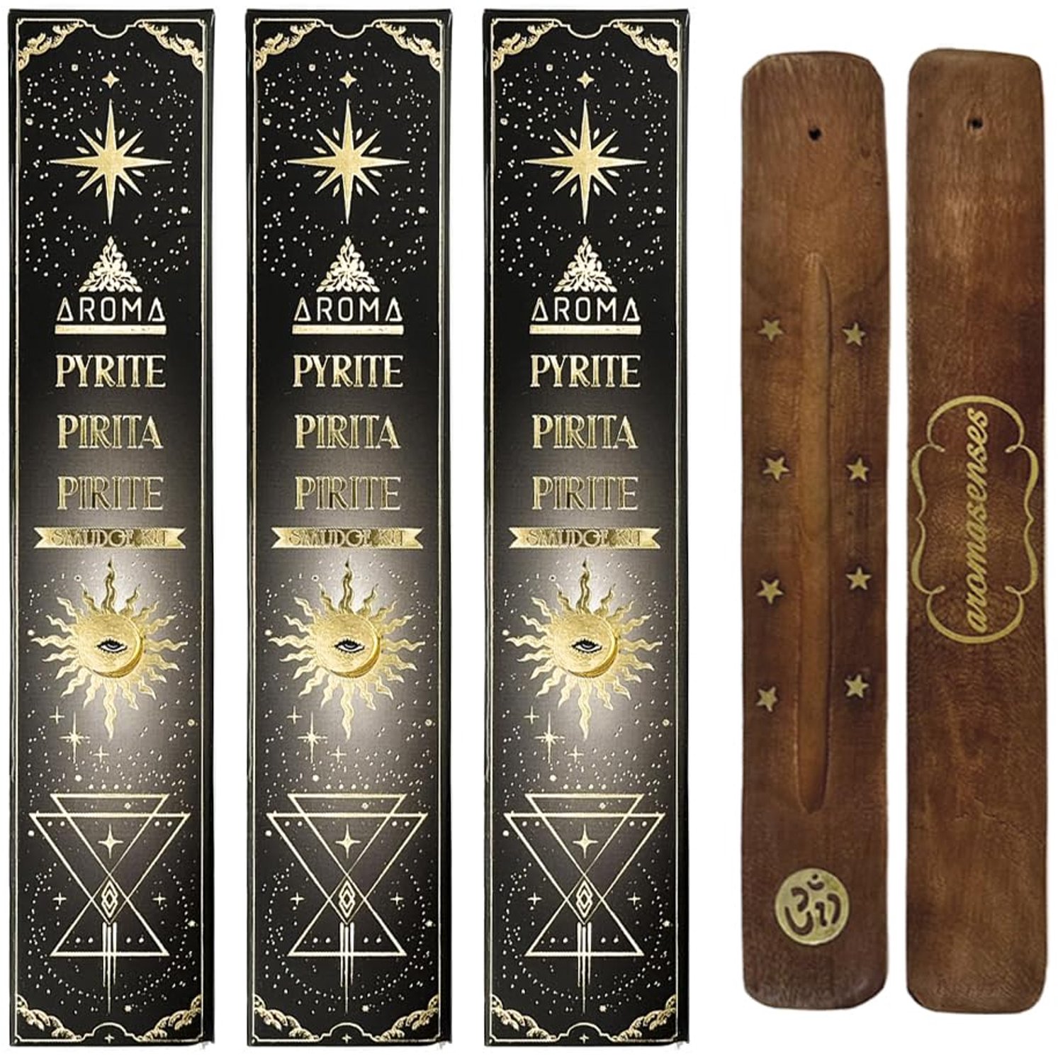 Set van 3 Dozen Pyriet Wierook + 1 Houten Wierookhouder