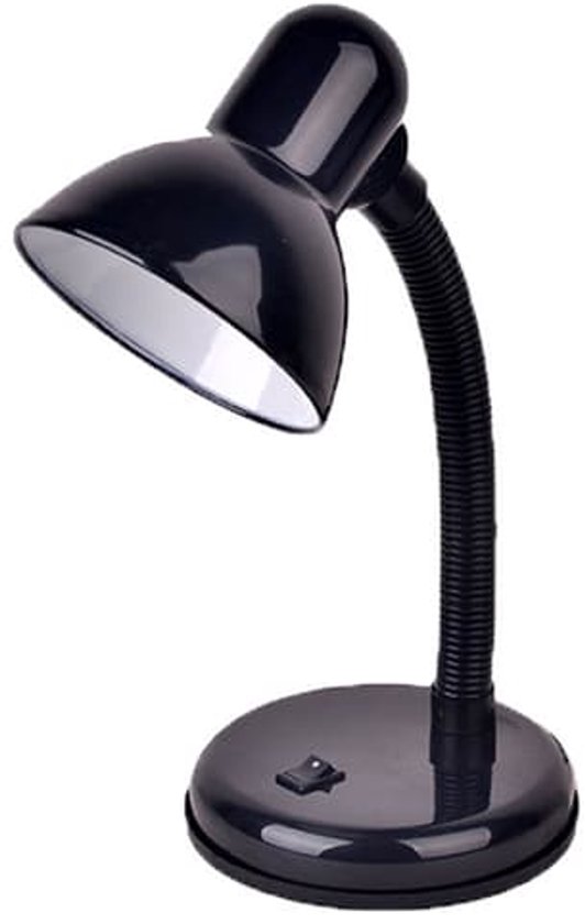 Zwarte bureaulamp met flexibele hals, ronde voet en aan-uitschakelaar op een witte achtergrond.