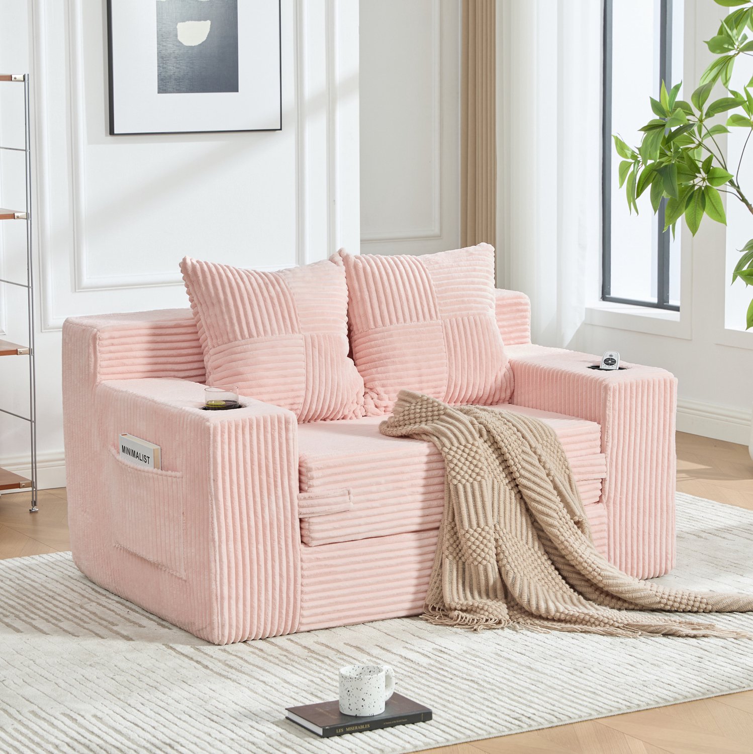 CHICFURN Slaapbank 151 cm - Uitklapbaar - Met zijvakken - Roze