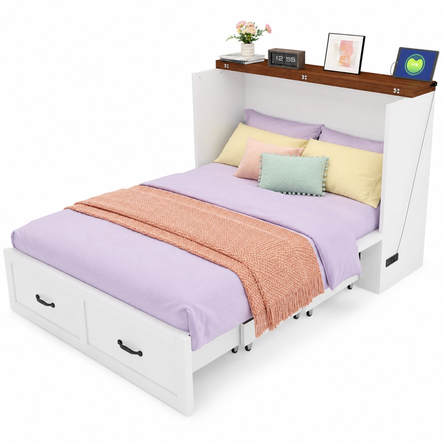 WUVRIE Opklapbed 140x200 cm - Uitschuifbaar met stopcontact en geruisarme wielen - Wit
