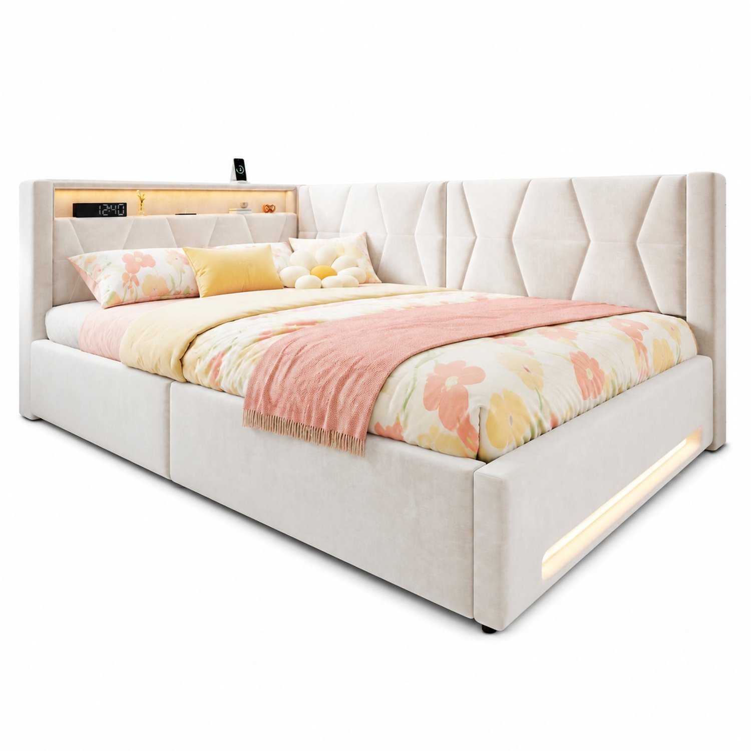 WUVRIE Gestoffeerd bed 140x200 cm - Opbergruimte en lattenbodem - LED, USB en Type-C - Beige