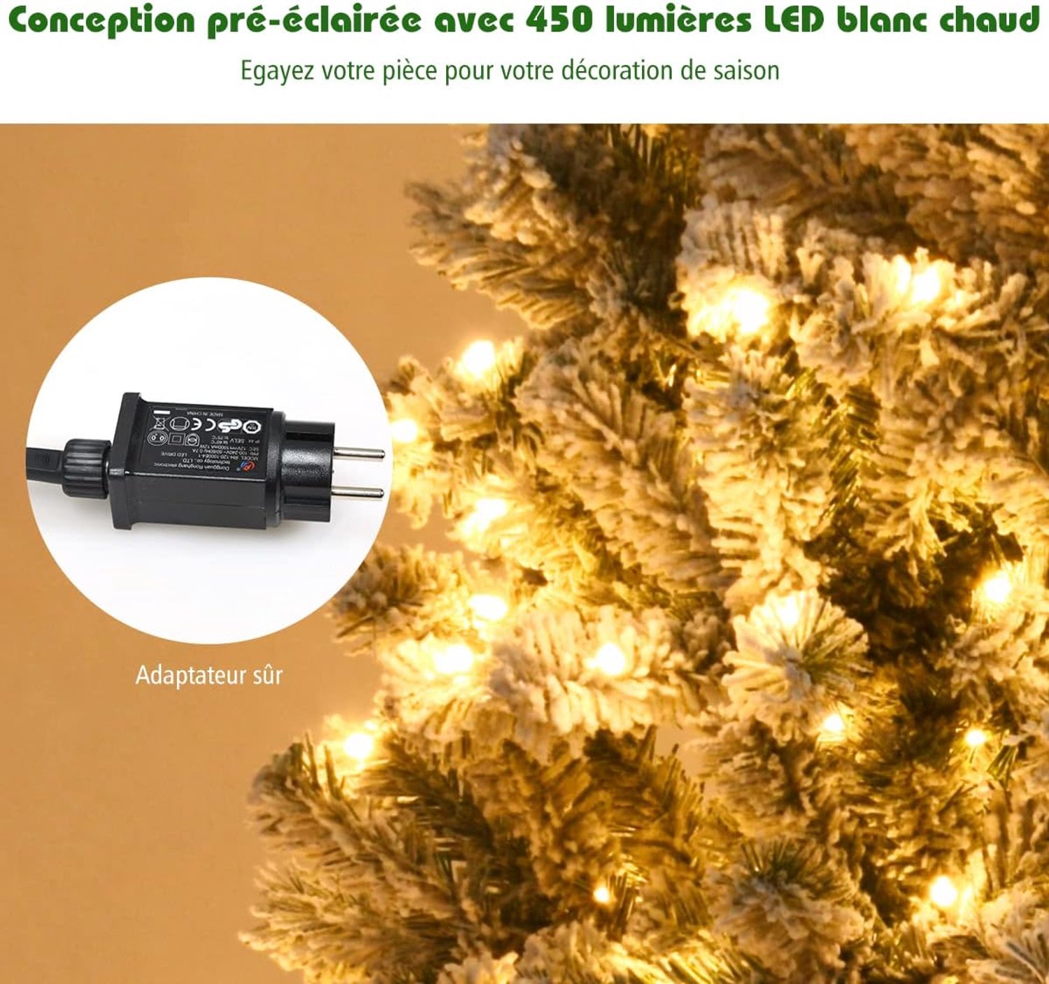 COSTWAY 225 cm Kunstkerstboom met verlichting - Realistische Kunststof Kerstboom met sneeuw - Kerstmis Kerstboom - PVC 1010 takken & 450 LEDs -wit en groen – foto 8
