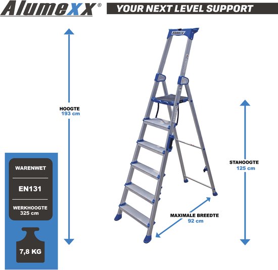 Alumexx huishoudtrap met 6 treden, 193 cm hoog, 125 cm stahoogte, 325 cm werkhoogte en een gewicht van 7,8 kg.