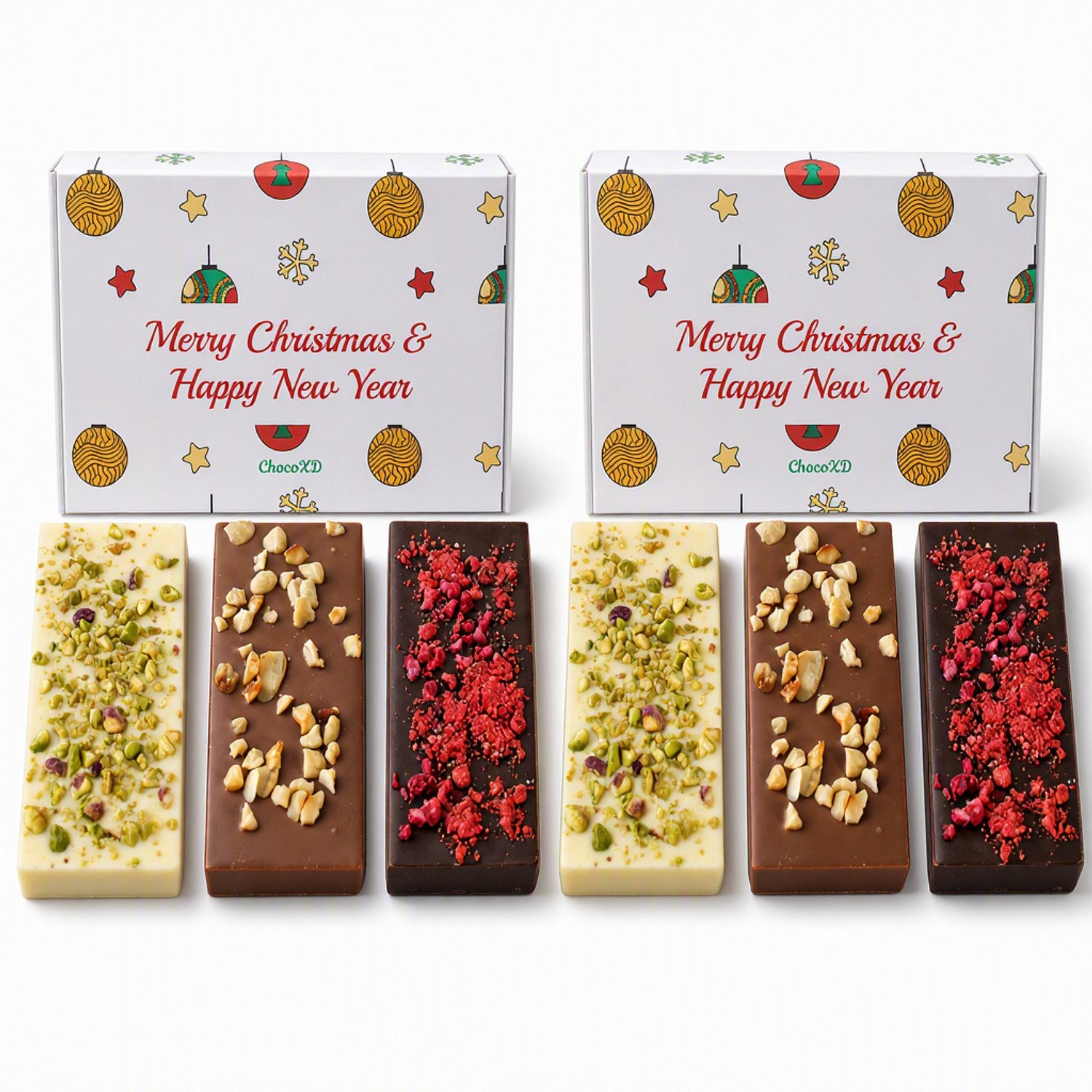 Kerst Chocolade - Set van 2 chocolade dozen - Christmas chocolate gift - Kerst- en nieuwjaarscadeau - Fairtrade Chocolade - Brievenbuspakket - Handgemaakte chocolade