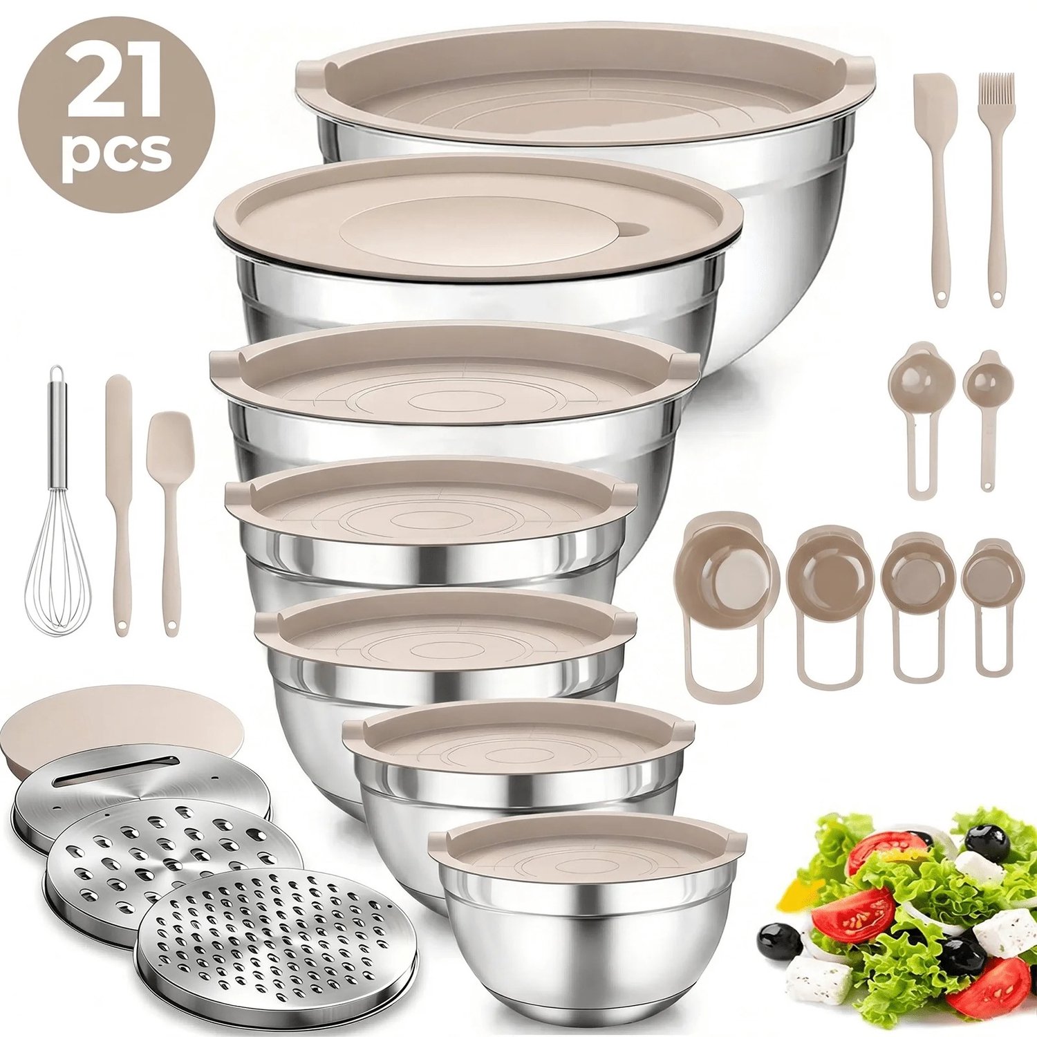 Veya Mengkom - Mengkommen set - Met deksel - 21 delig - Beige - Ruimtebesparend - Verschillende formaten - Met accessoires - RVS