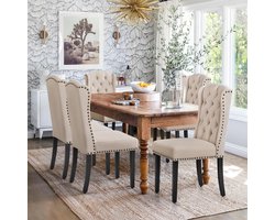 Set van 6 Luxe Eetkamerstoelen met Vleugelrugleuning en Knoopdetails, Beige Gestoffeerde Landelijke Keukenstoelen met Hoge Rugleuning, Zachte Zitting, Rubberen Houten Poten, 140 kg Draagvermogen, 46,5 × 63 × 104 cm
