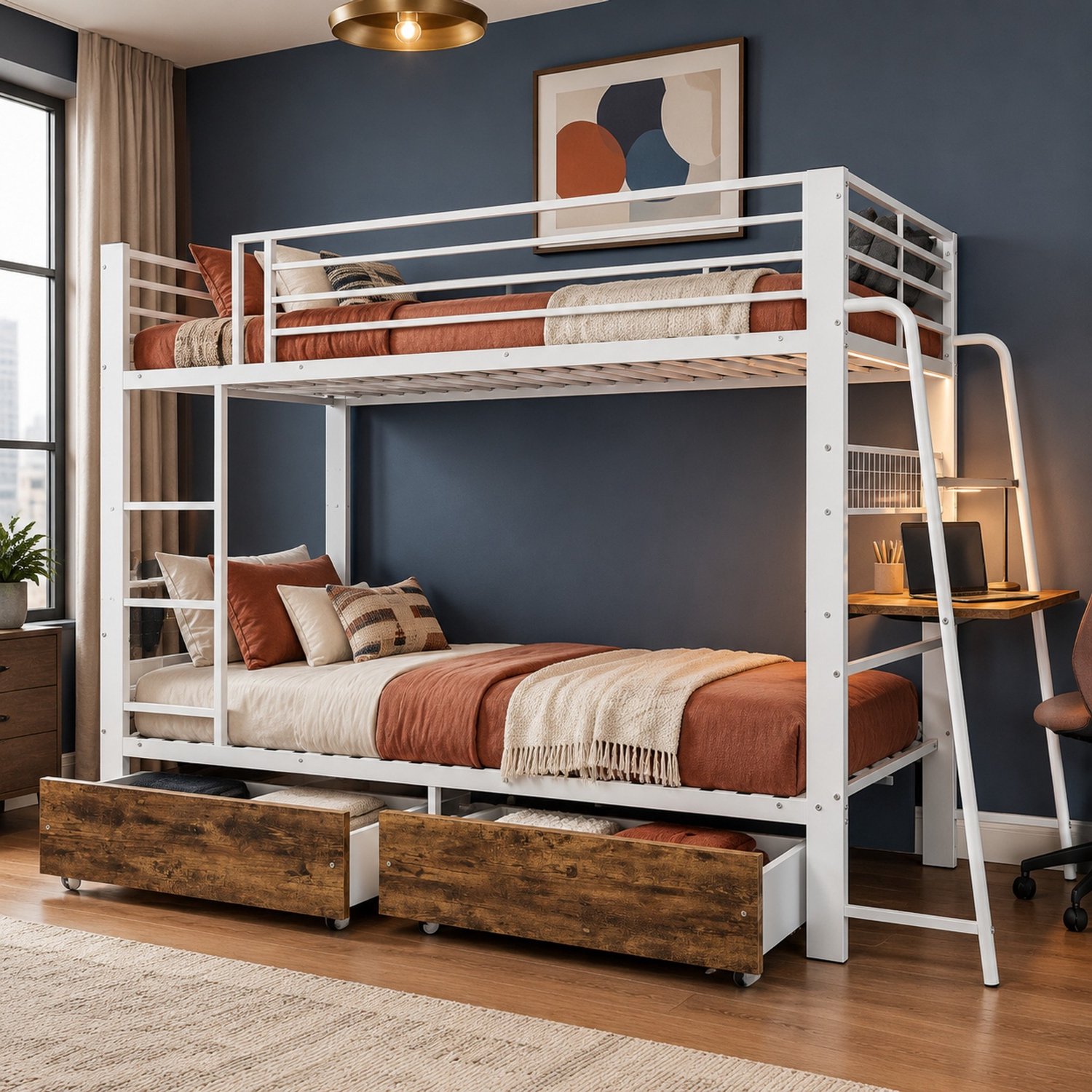 WUVRIE Stapelbed 90x200 cm - Met bureau, opberglade en LED-verlichting - Wit Wit met donker houtlook